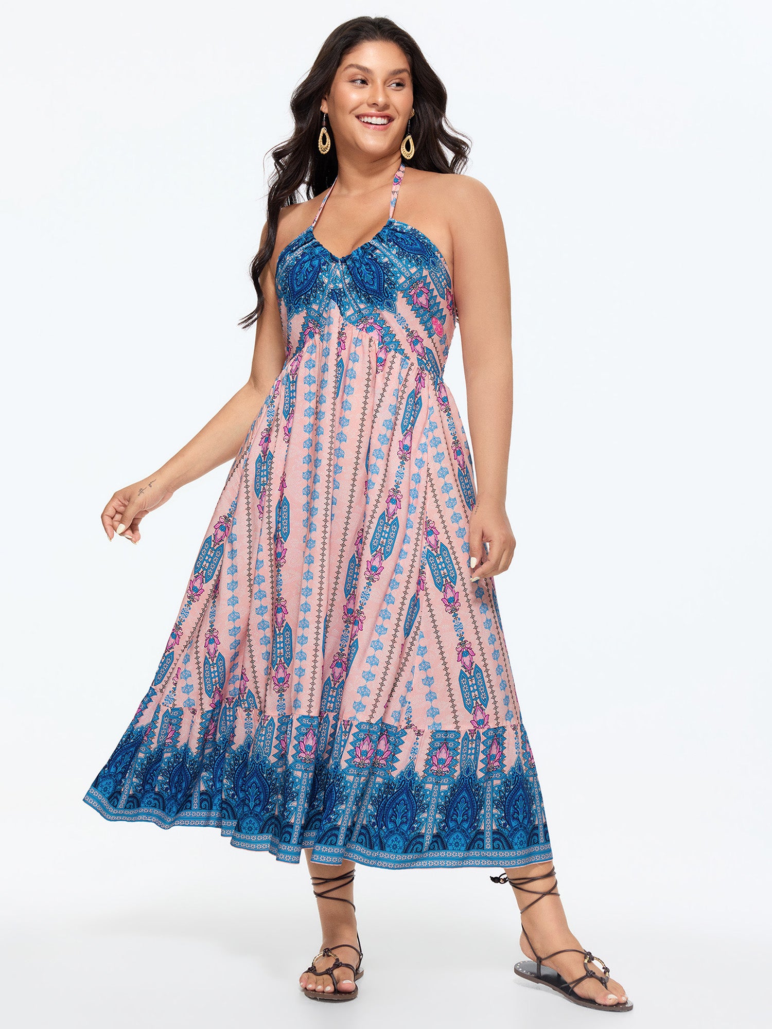 Geometric Print Halter Neckline Shirred Midi Dress