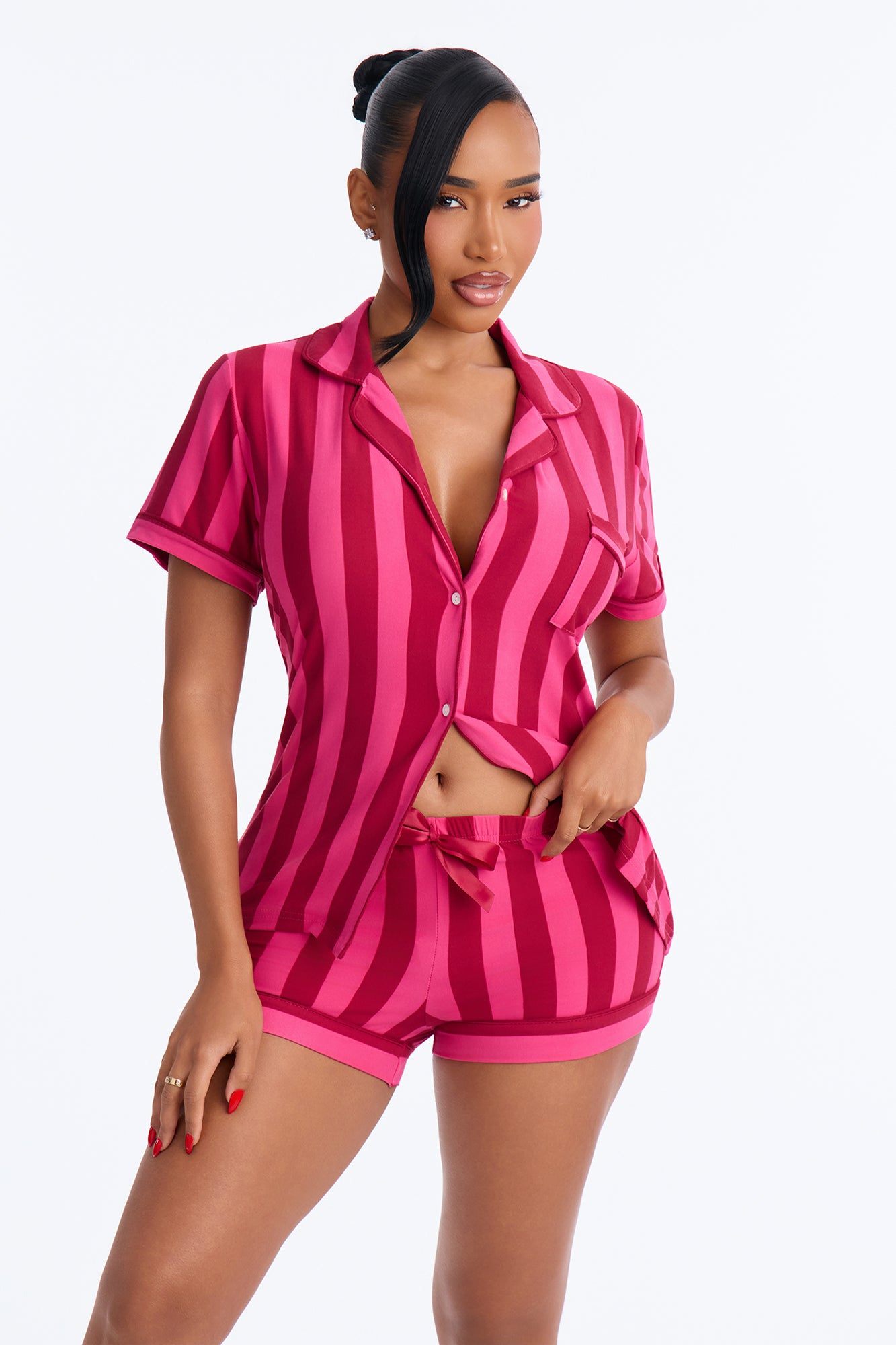 Dream And Sleep Striped Short Sleeve PJ Short Set - Raspberry