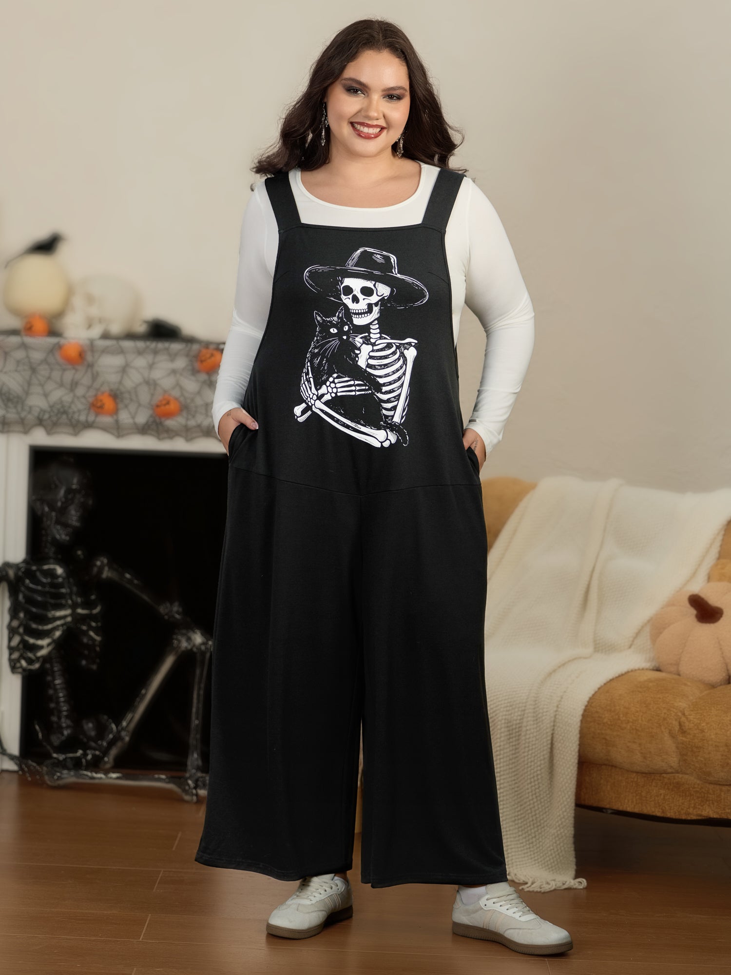 Halloween Skeleton Cat Print Pocket Overall Jumpsuit