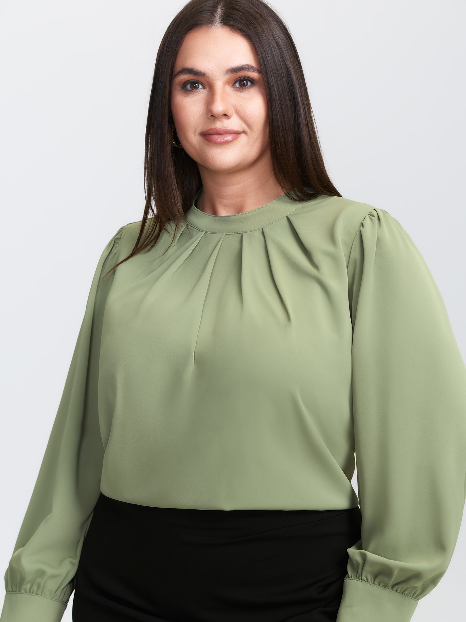 Pleated High Neckline Solid Blouse