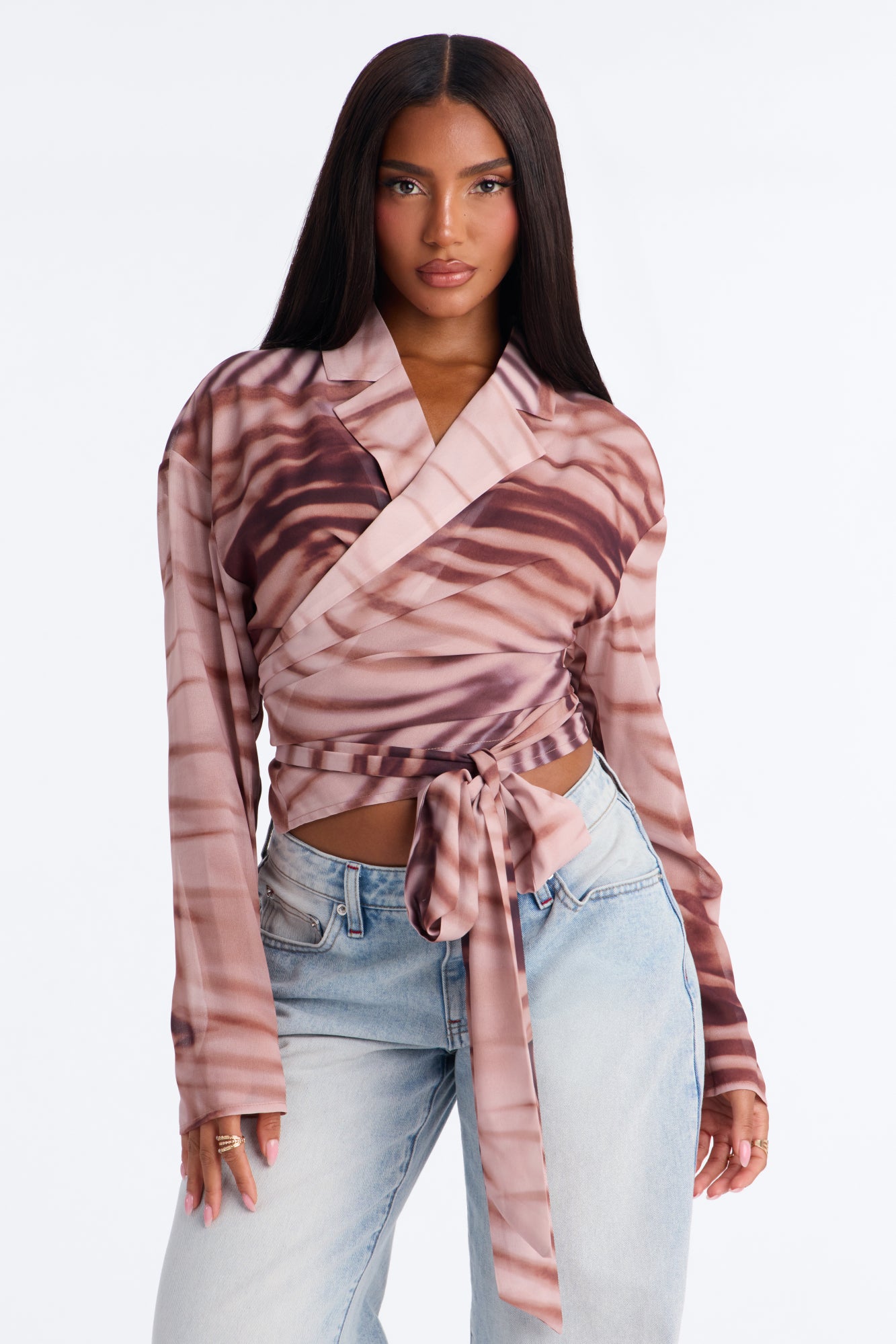 Kara Abstract Tie Waist Chiffon Blouse - Pink/combo