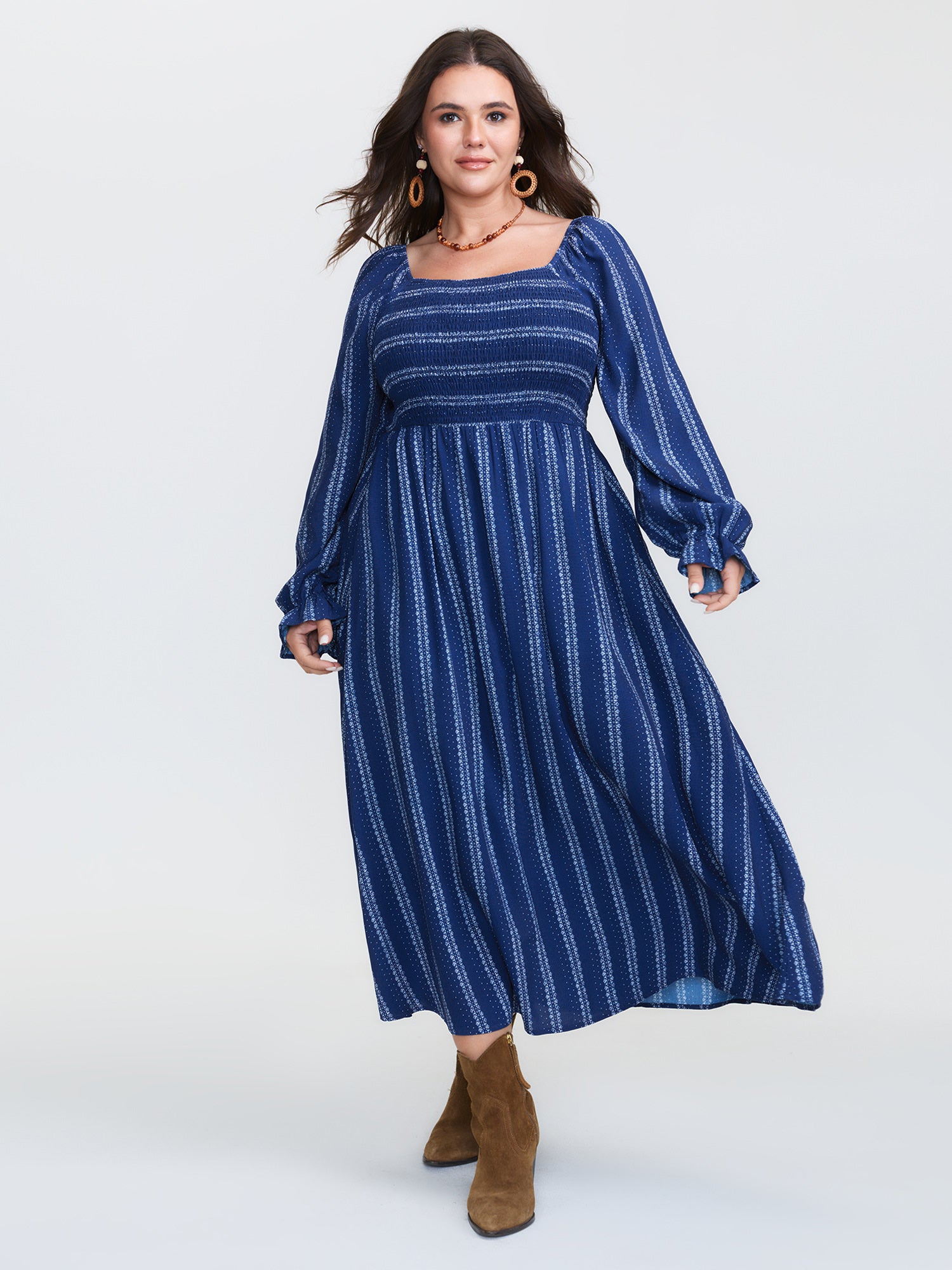 Stripe Ruffled Cuff Sleeve Maxi Dress