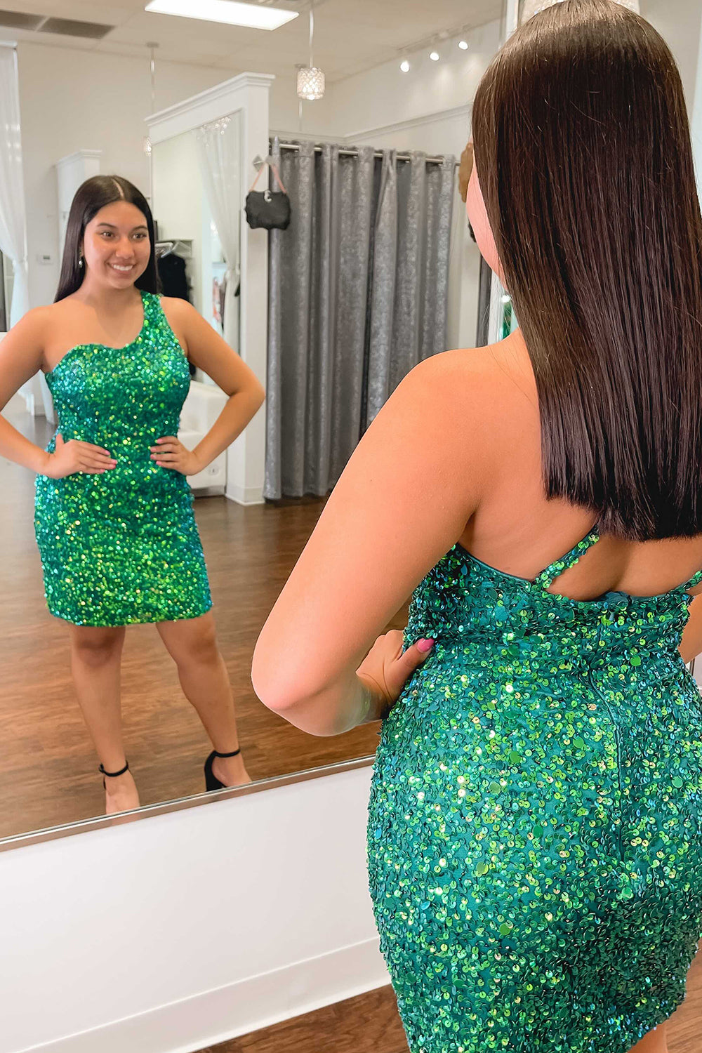 Sparkly Green Sequins One Shoulder Tight Short Homecoming Dress/Mini Dress