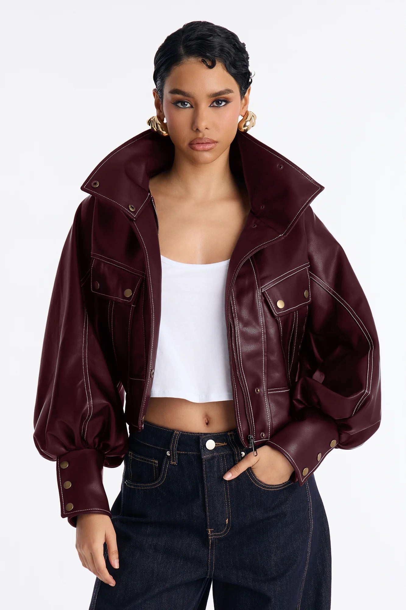 Run It Back Wide Funnel Neck Faux Leather Jacket - Burgundy