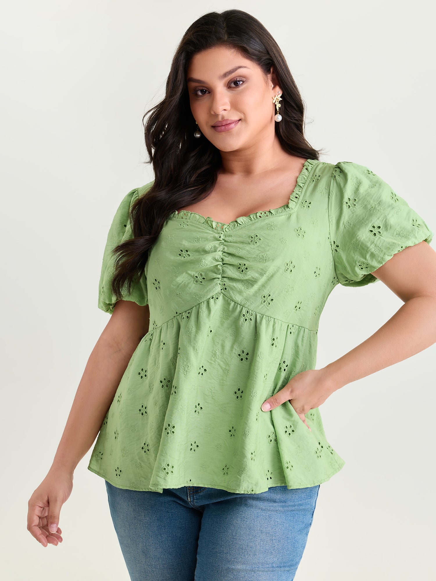 Eyelet Embroidered Shirred Back Blouse