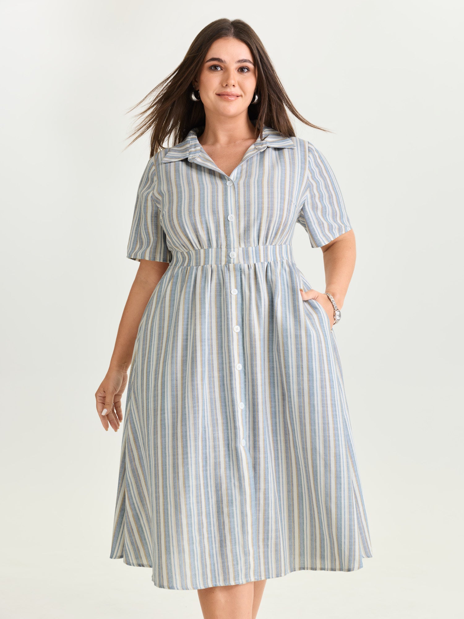 Cotton Linen Blend Striped Print Midi Dress