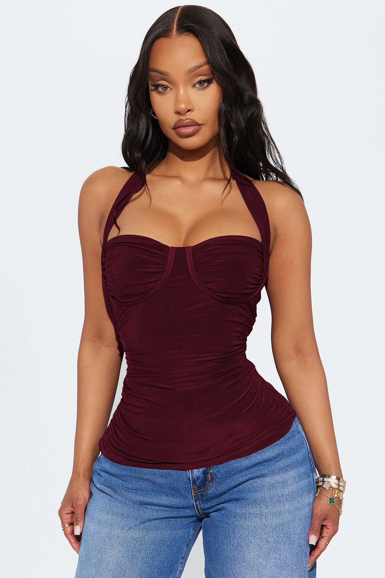 Just A Feeling Ruched Halter Top - Burgundy