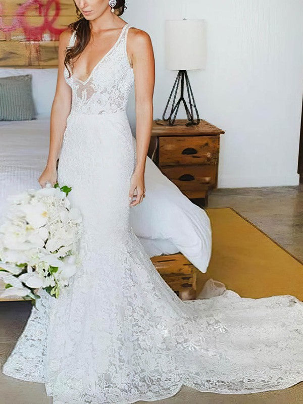 Elegant Trumpet Deep V-Neck Sleeveless Lace Court Train Wedding Dresses