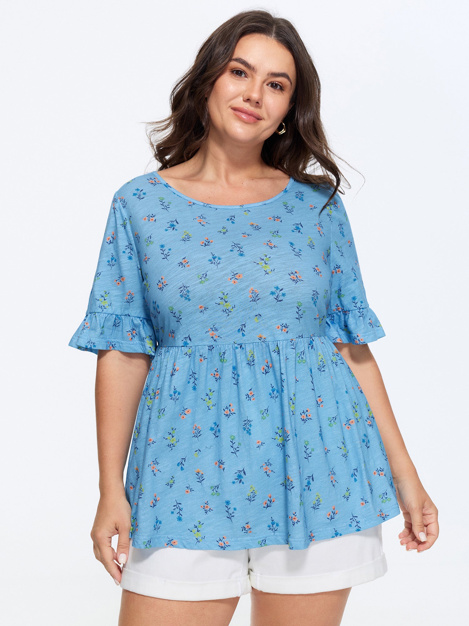 Cotton Ditsy Floral Print Ruffle Top