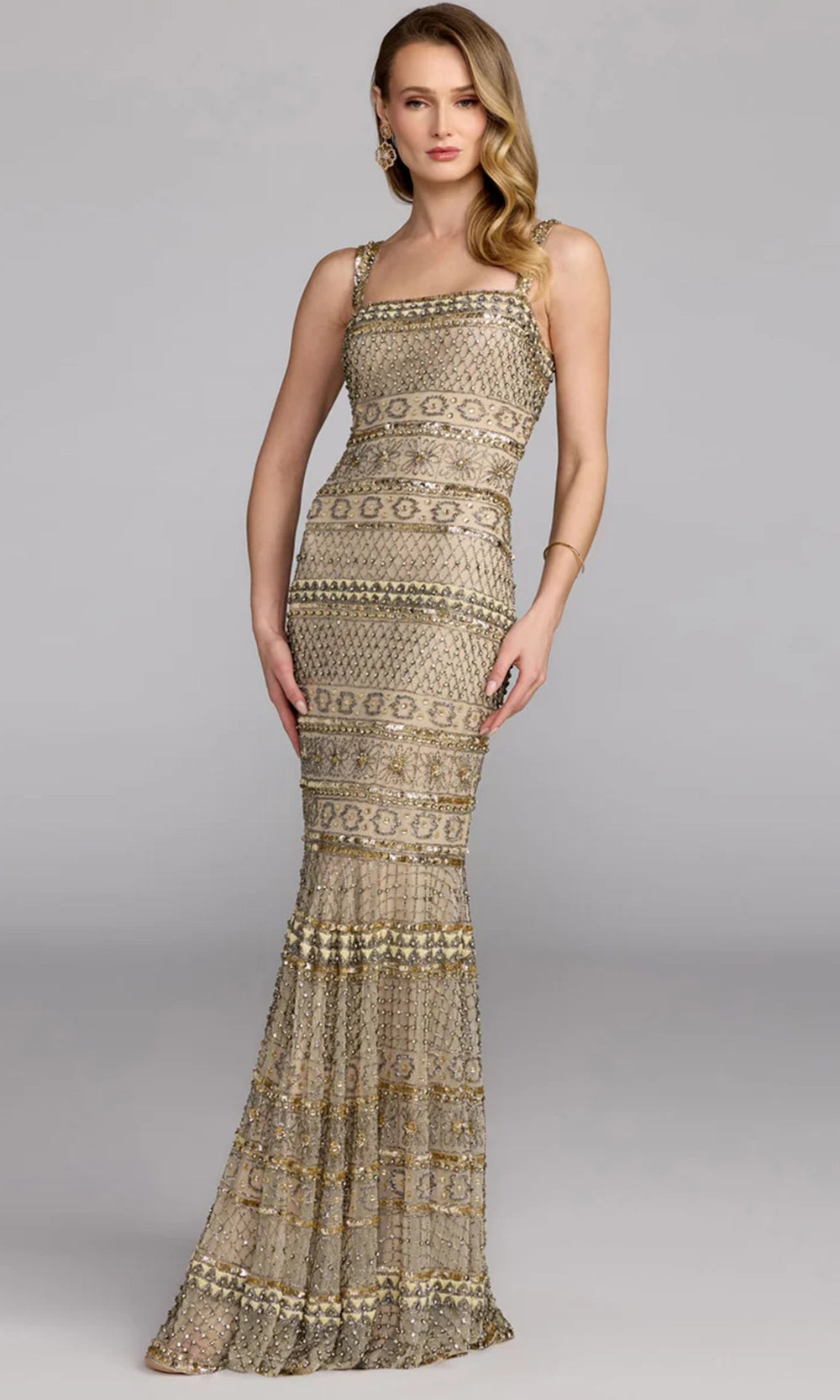 Mac Duggal 10114 - Geometric Beaded Square Neck Prom Gown