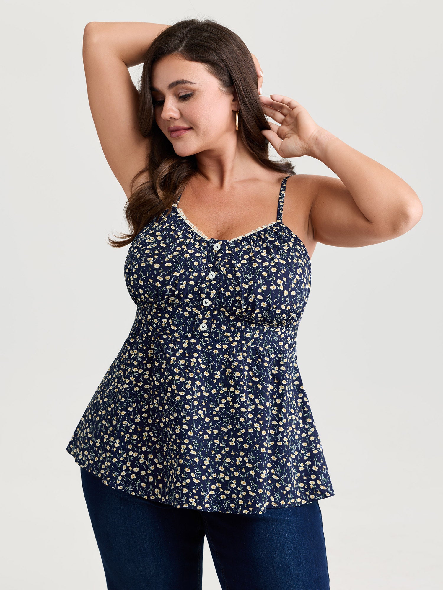 Retro Floral Print Lace Trim Tank Top