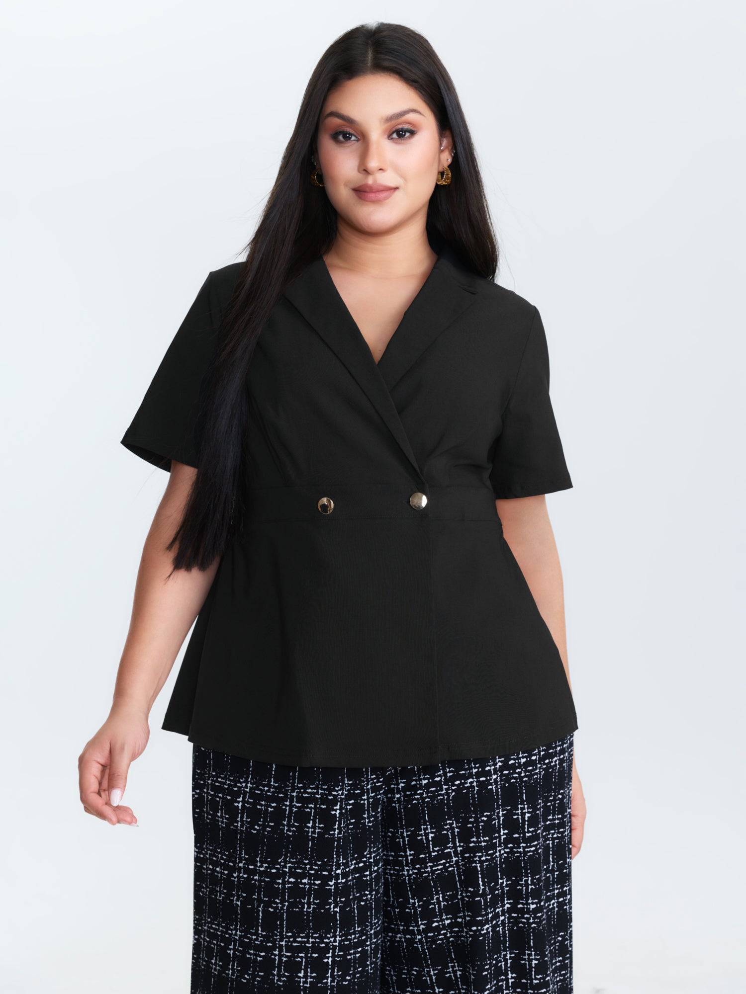 Suit Collar Button Detail Plain Blouse