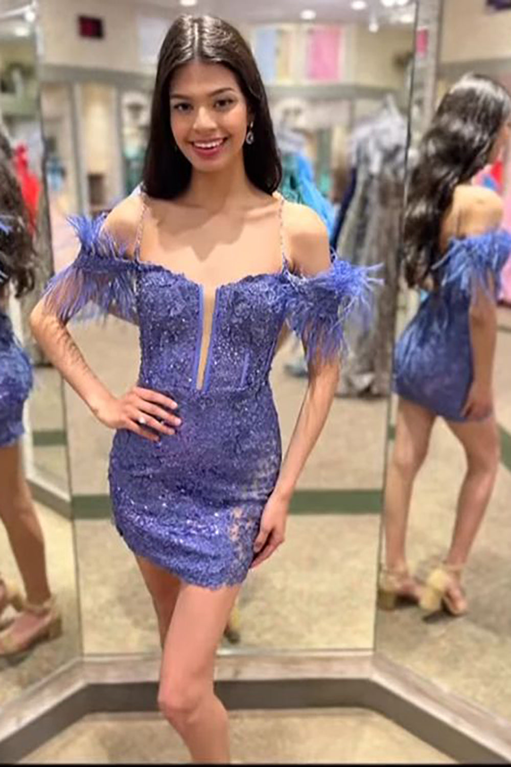 Sparkly Purple Lace Tight Short Homecoming Dress/Mini Dress with Feathers