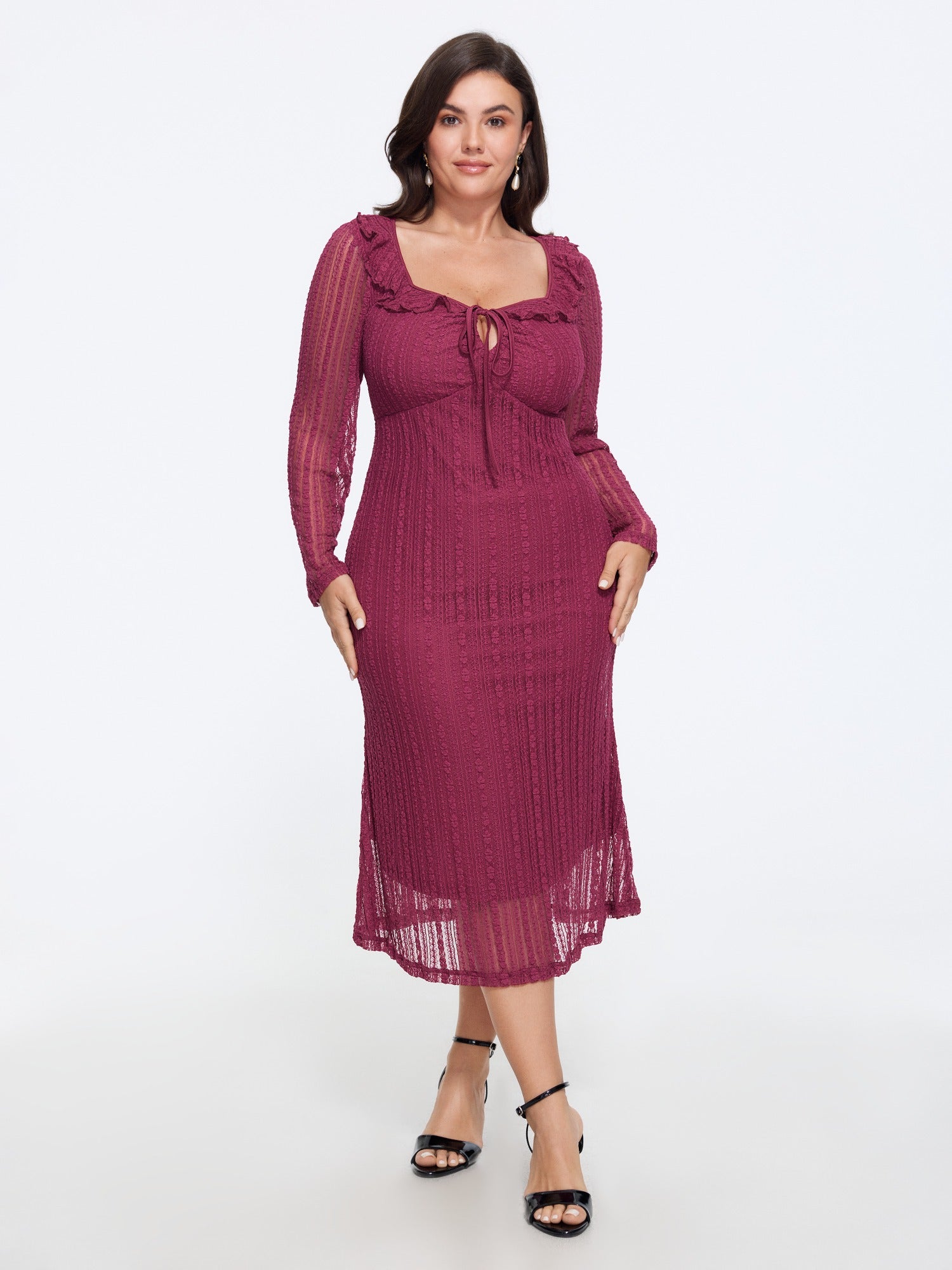 Lace Mesh Square Neck Ruffle Tie Front Midi Dress