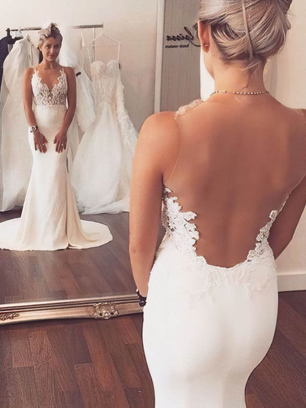 Chic Sleeveless Lace Satin Trumpet Wedding Dresses with Sweep Train