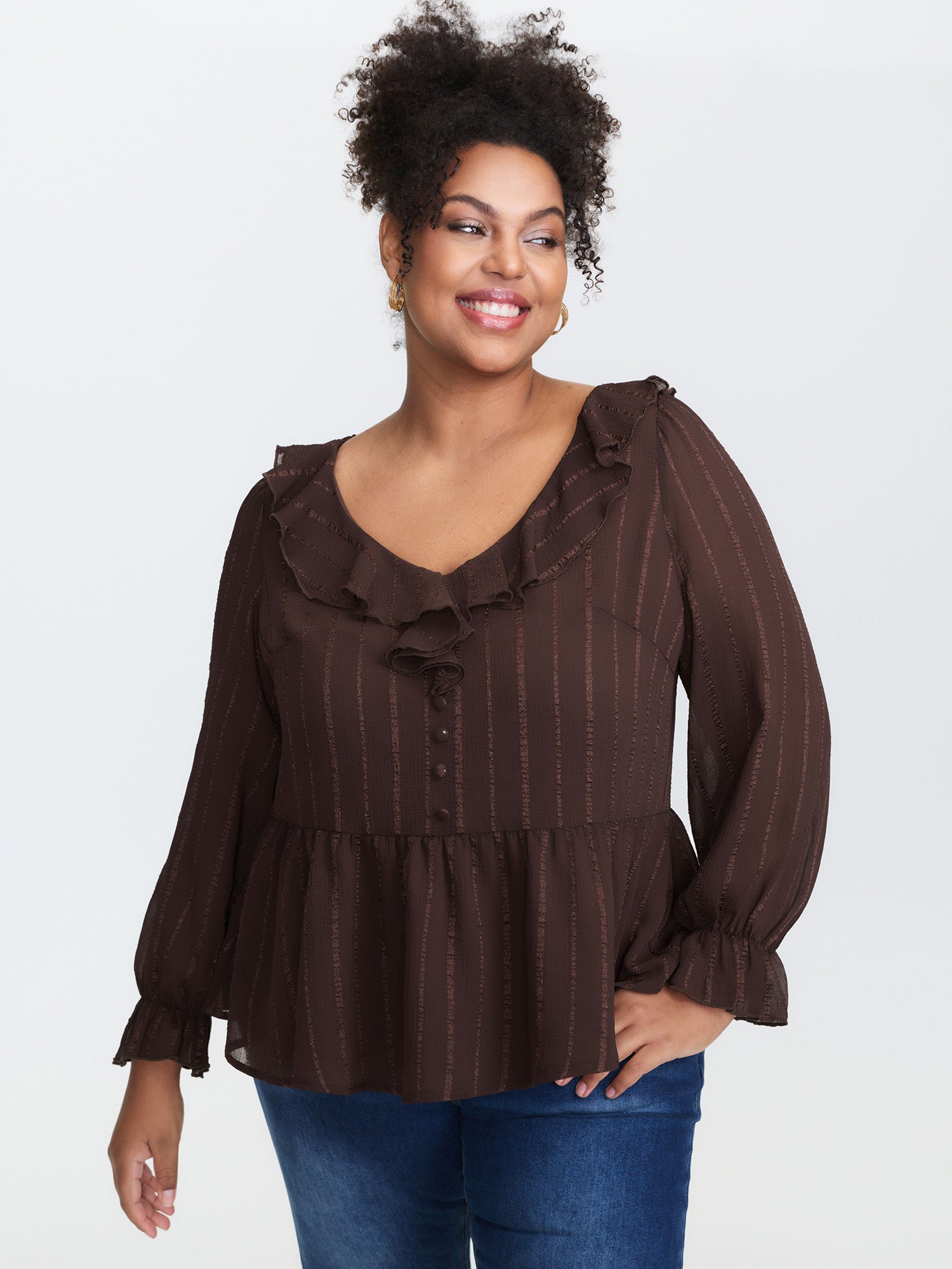 Textured Chiffon Ruffled Neckline Blouse