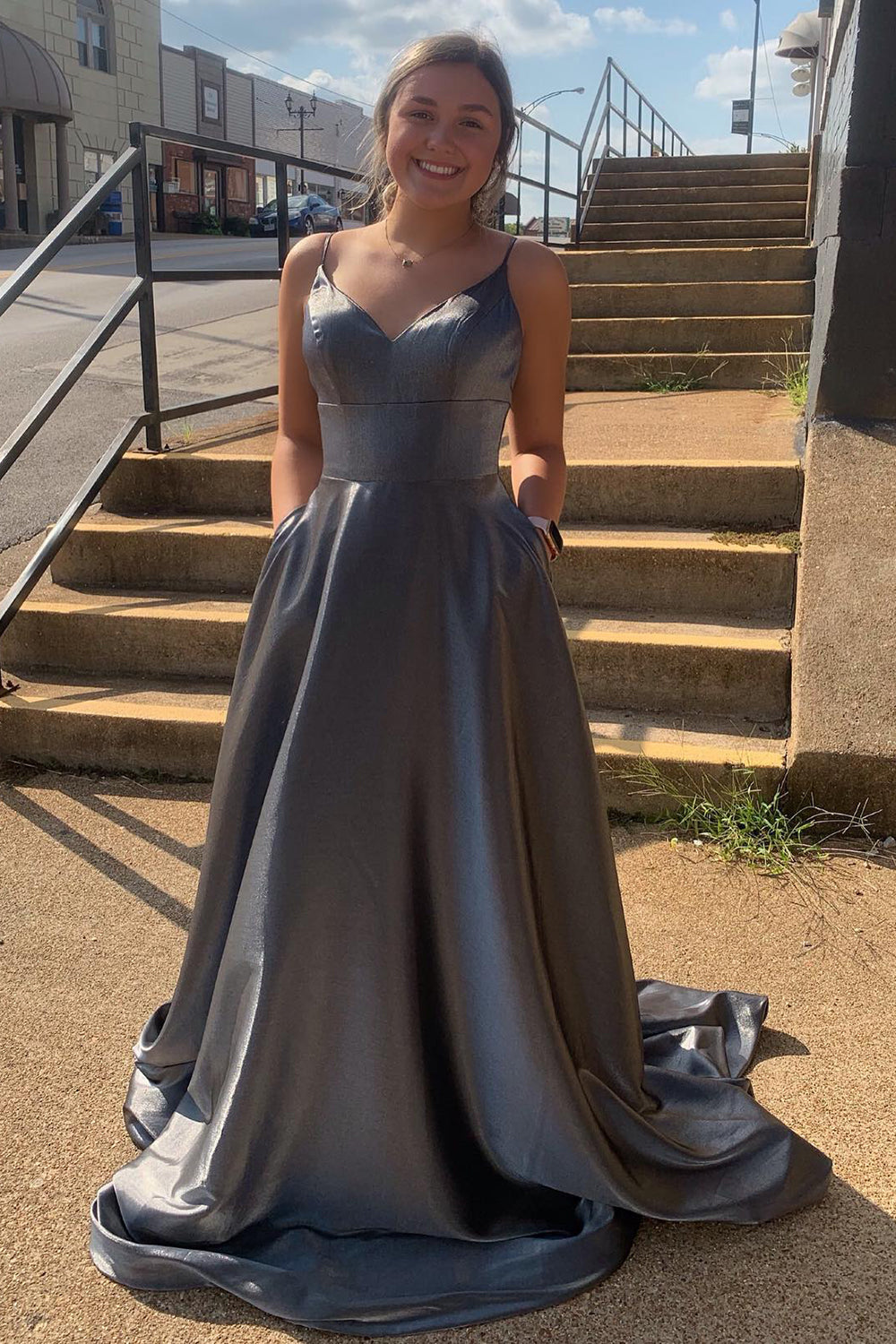 Long Backless Prom Dress with Grey Spaghetti Straps