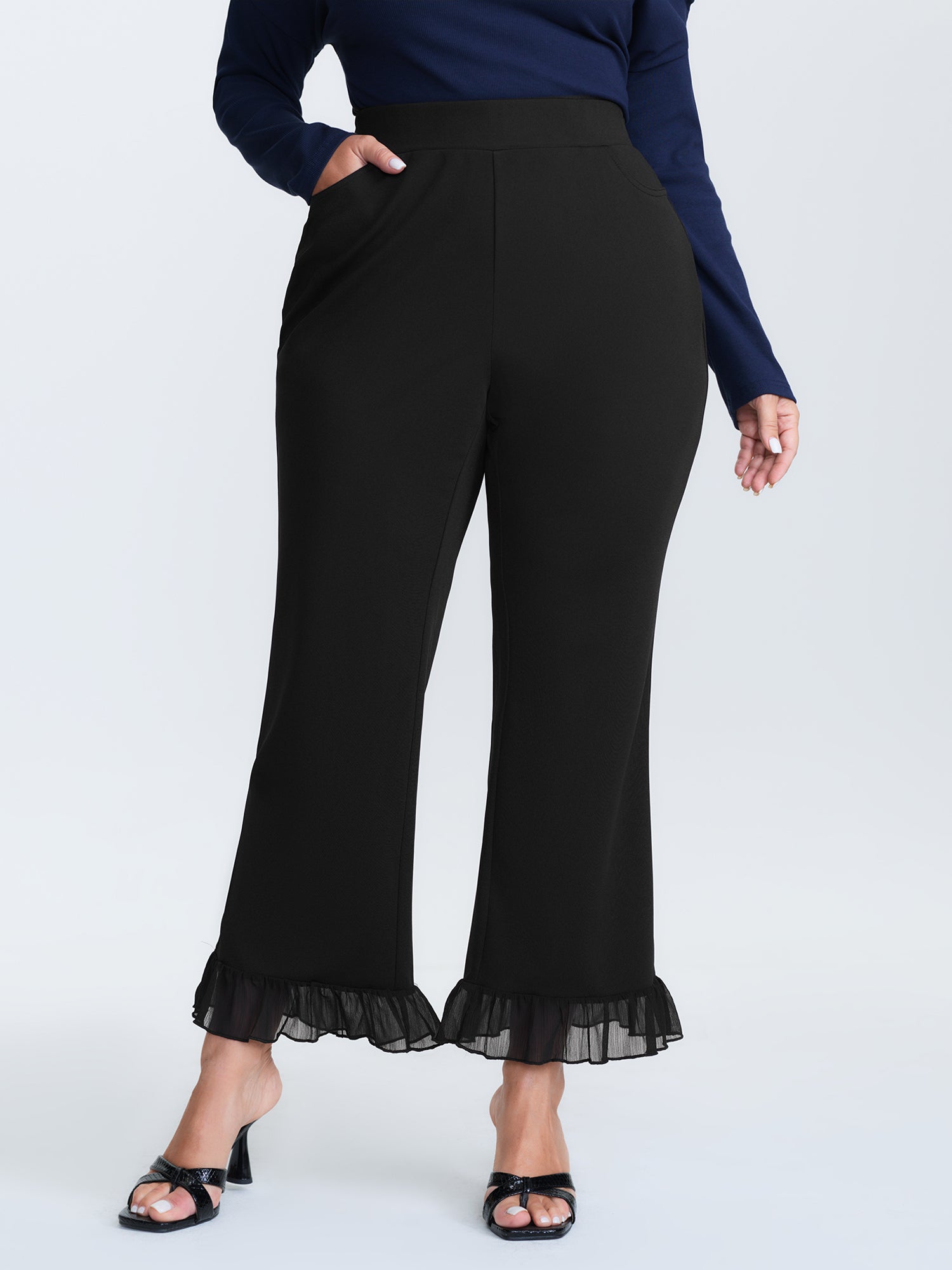 Ruffled Flared Hem Plain Pants