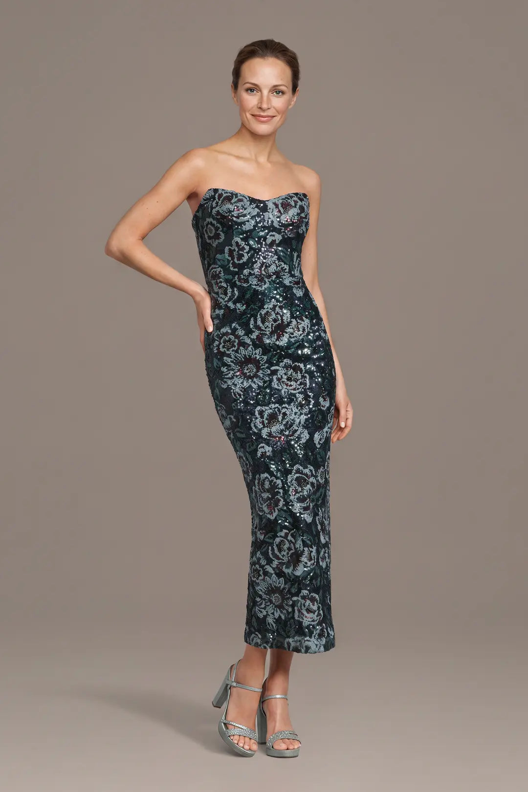Floral Sequin Sheath Dress with Sculpted Neckline