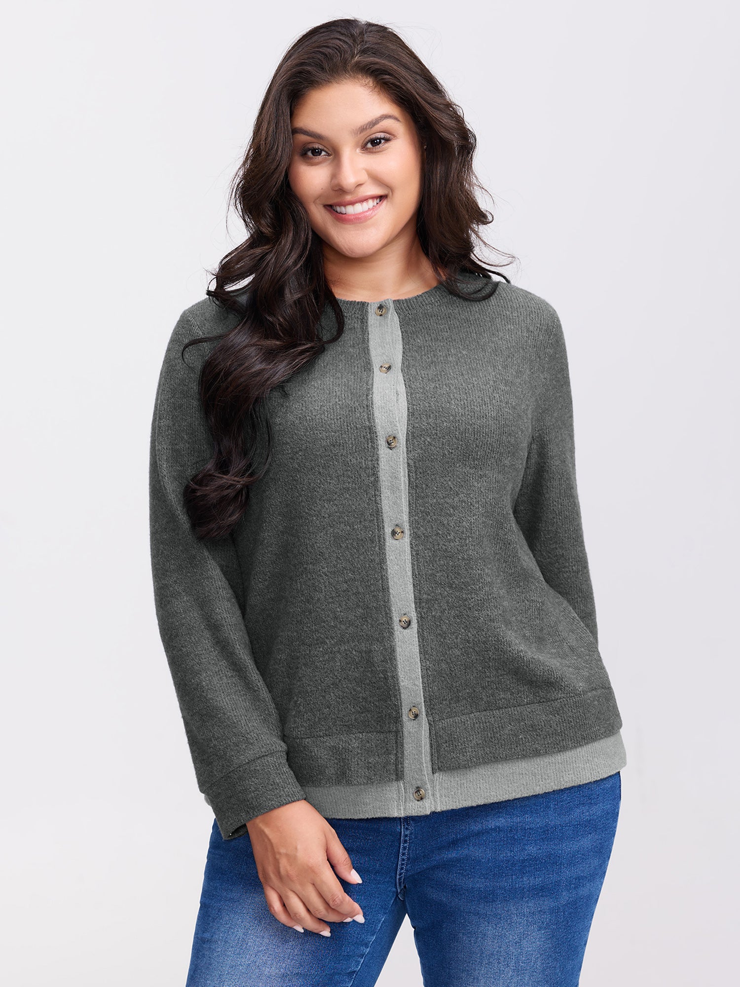 Ribbed Button Color Contrast Knit Top