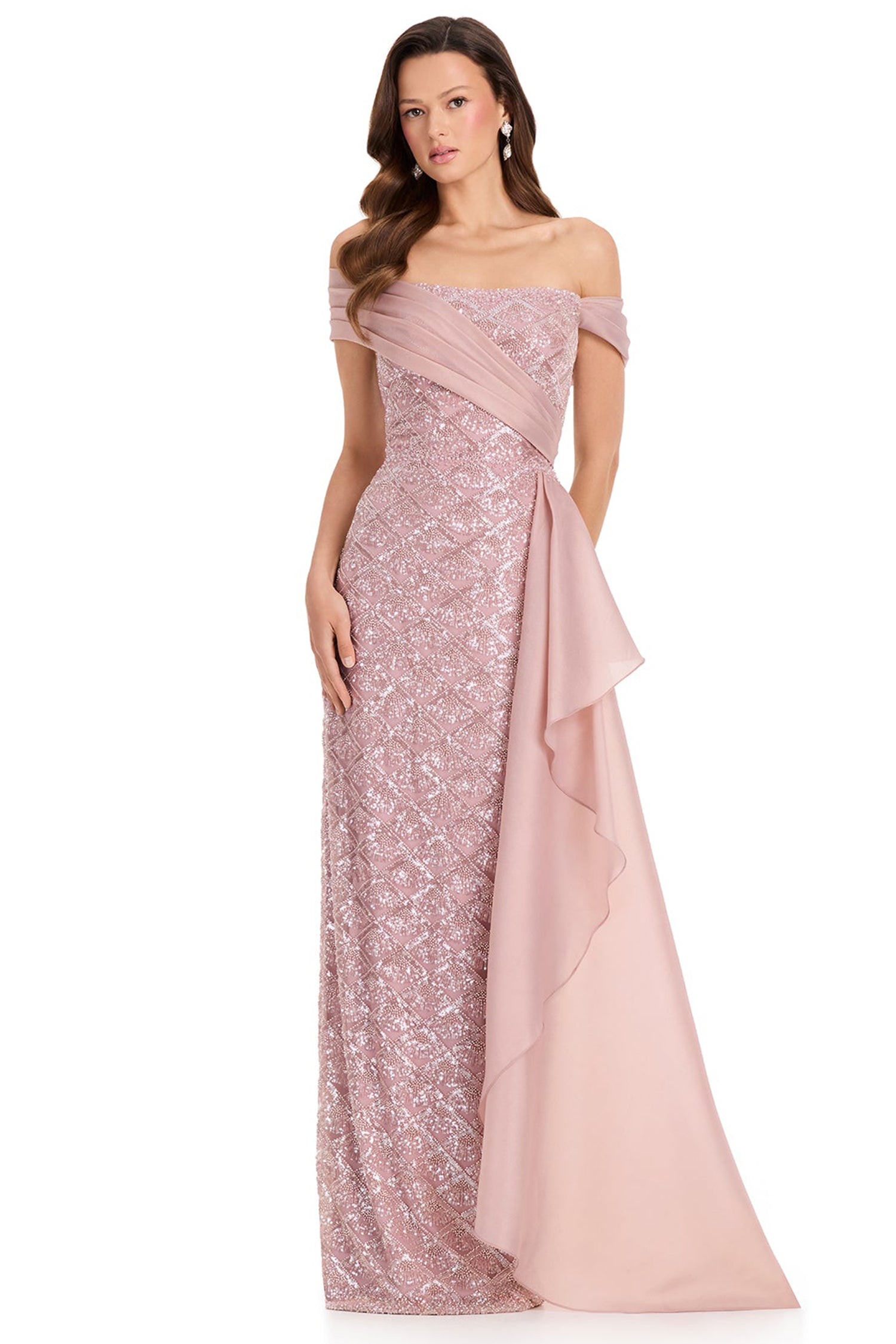 Ashley Lauren E12374 Beaded Off Shoulder Prom Gown with Side Drape