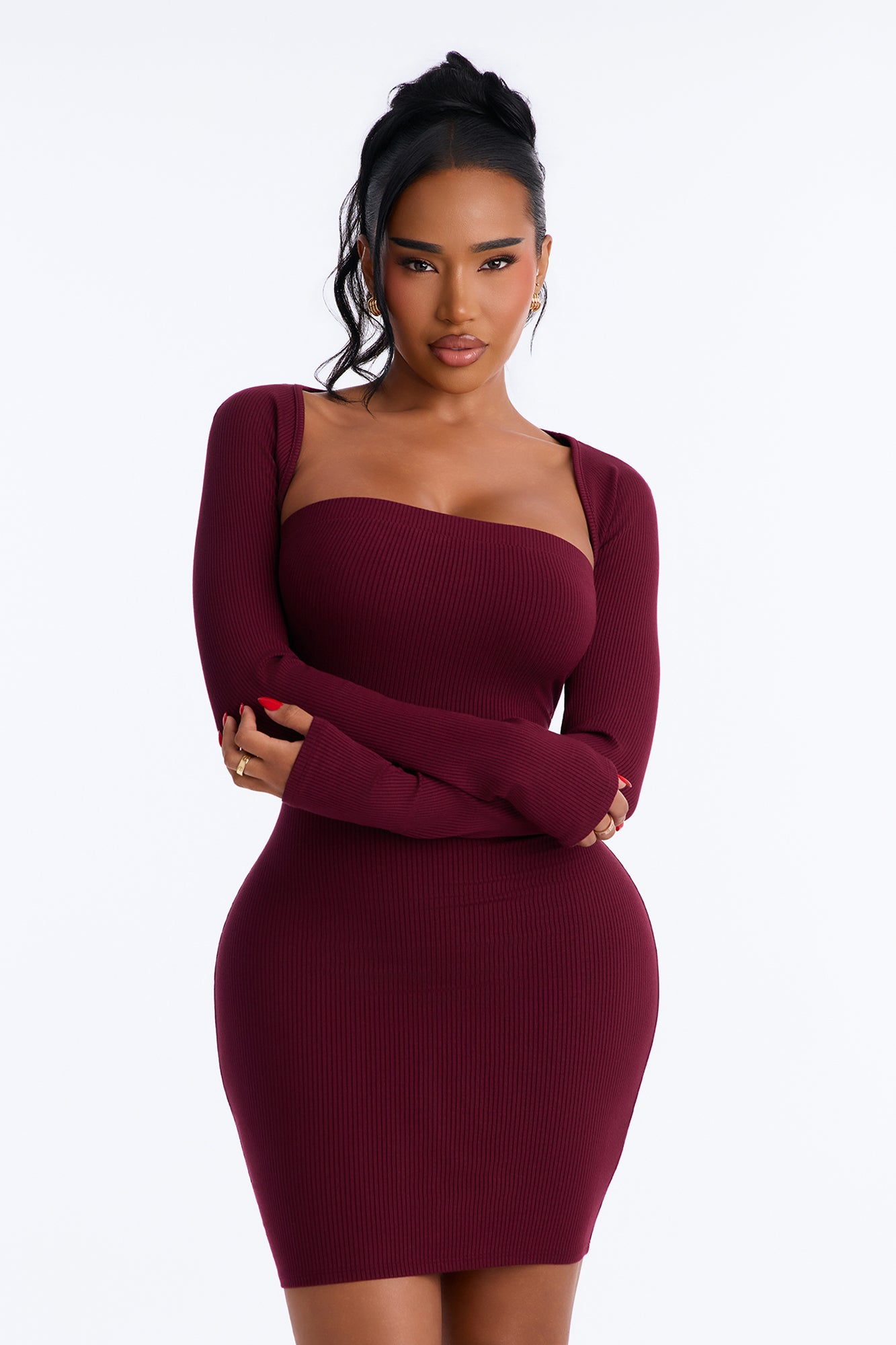Valentina Long Sleeve Snatched Mini Dress - Wine