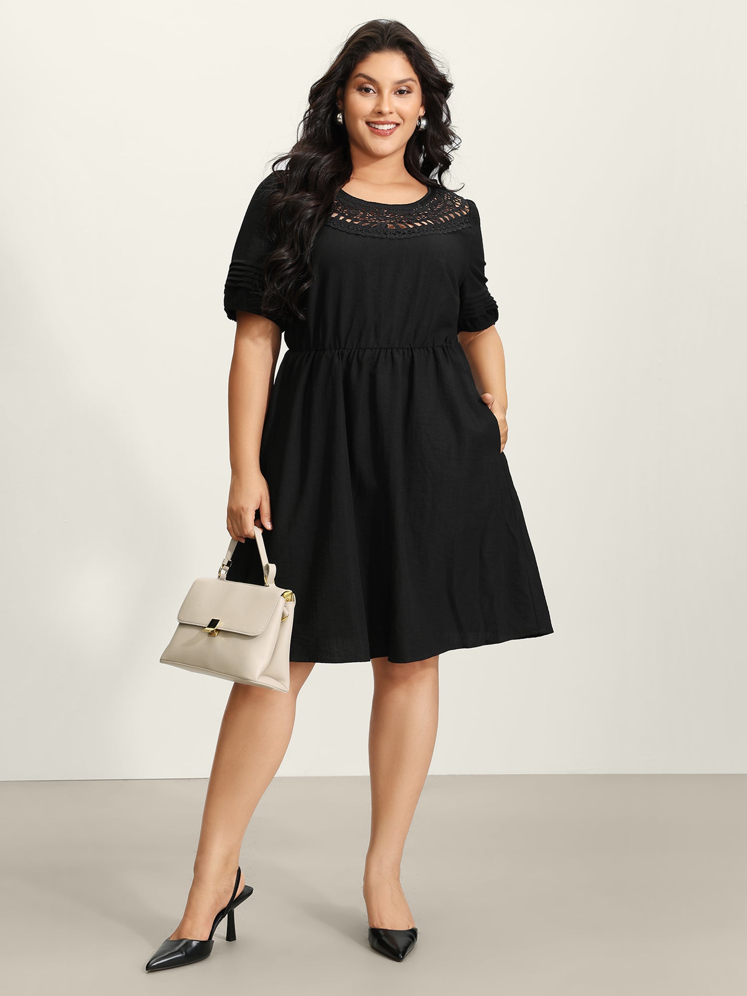 Lace Puffy Sleeve Knee-Length Dress