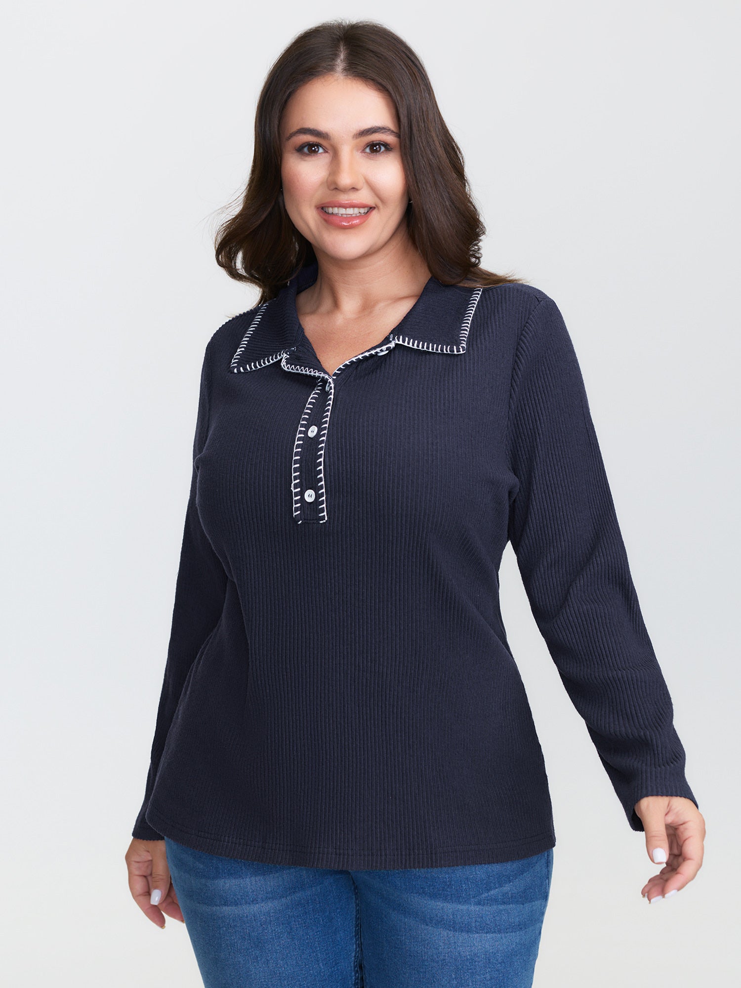 Stretchy Contrast Edge Button Placket T-Shirt