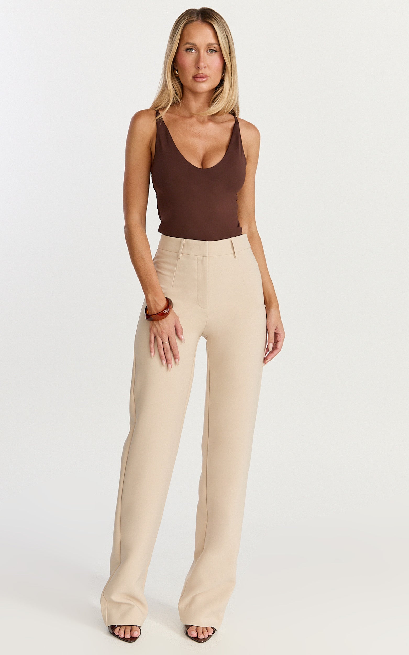 Sally Pants - Mid Waisted Straight Leg Tailored Pants in Putty