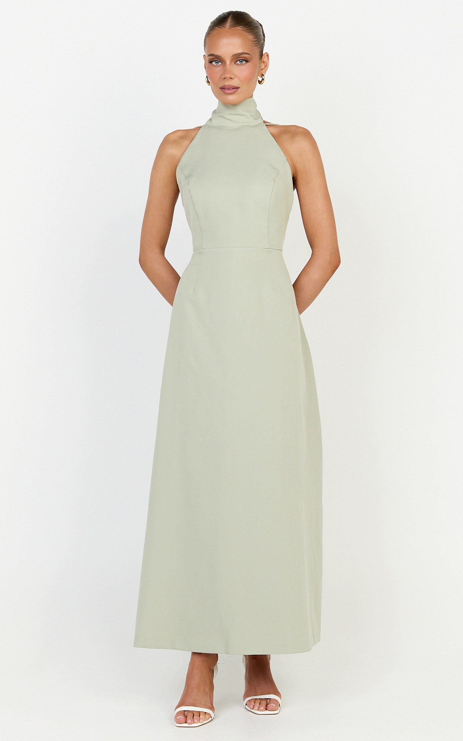Renee Midi Dress - High Halter Sash Neck Tulip Skirt Dress in Sage