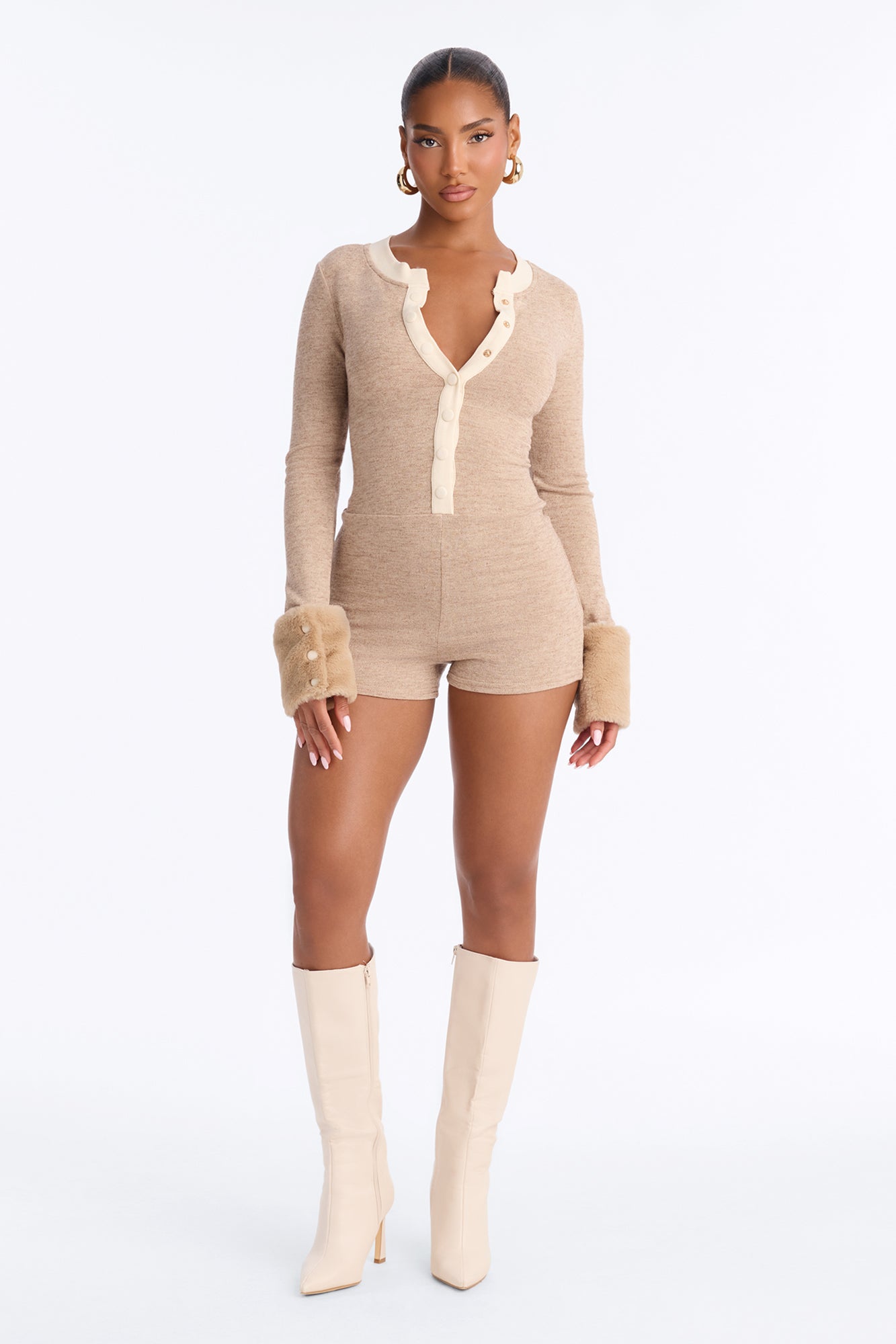 Celine Faux Fur Sleeve Trim Romper - Tan
