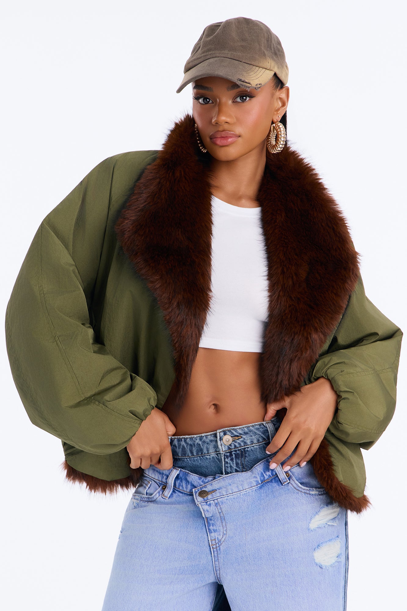 Lexi Wide Fur Collar Puffer Bomber Jacket - Olive