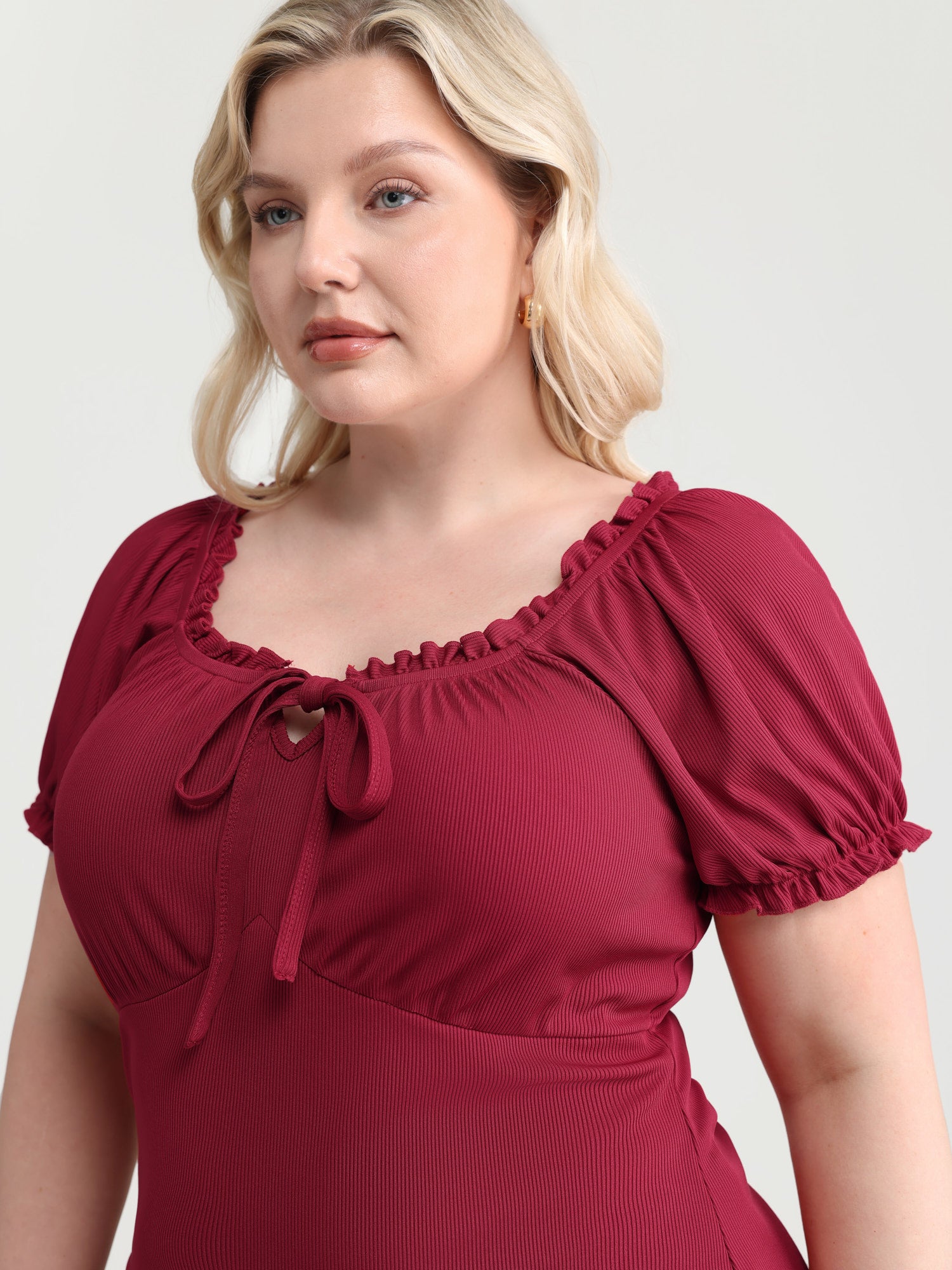 Stretchy Ribbed Drawstring Neckline Knit Top