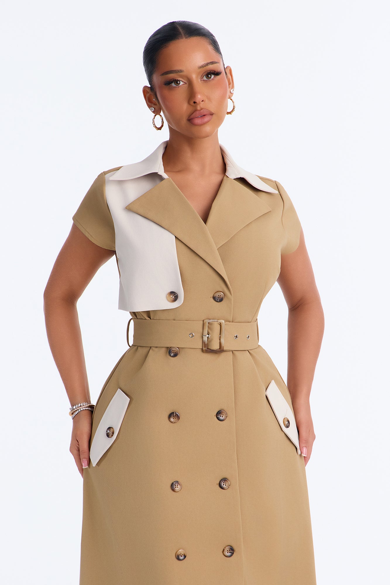 Tamera Trench Belted Collar Midi Dress - Nude/combo