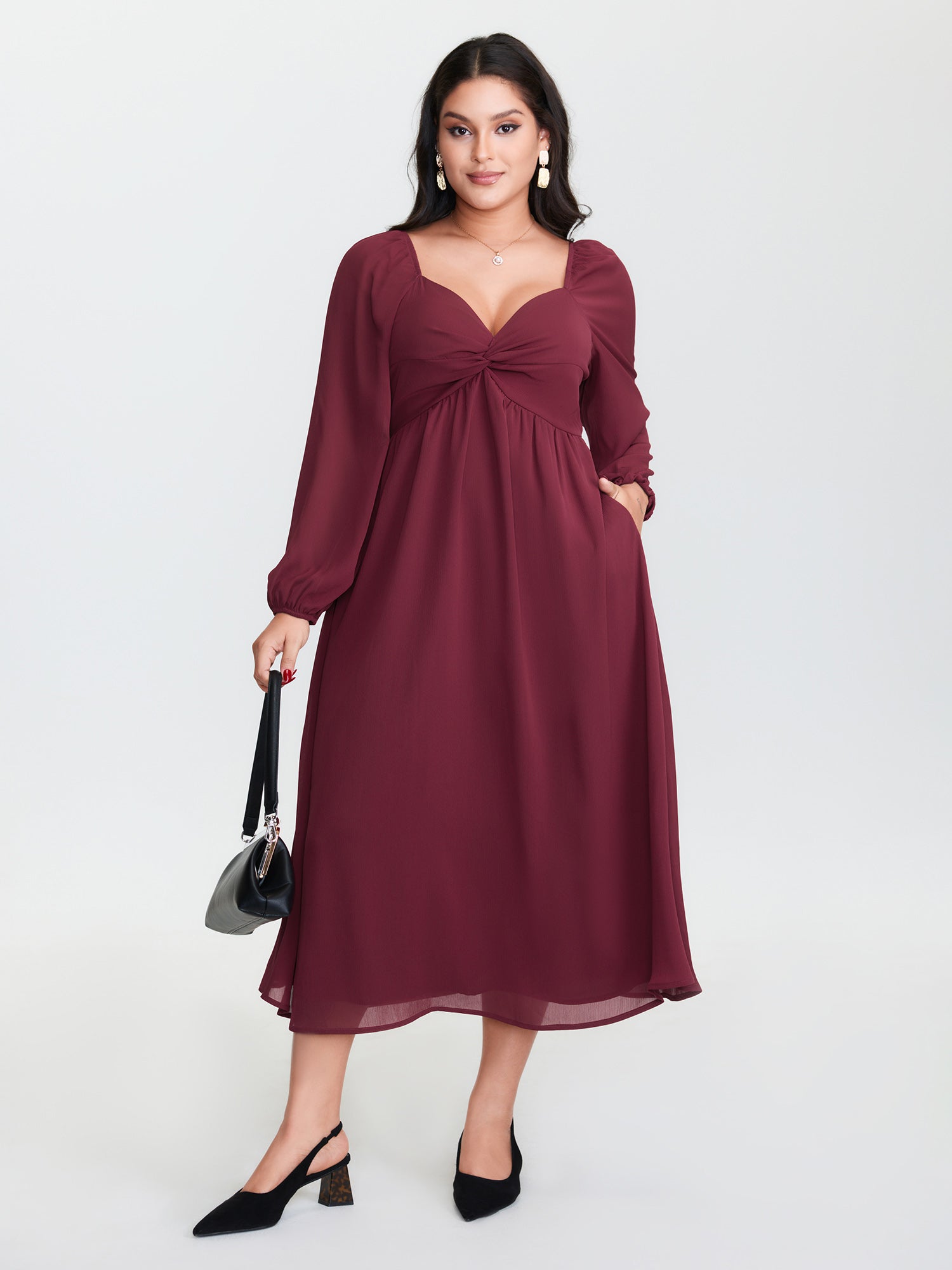 Twist Front Stretchy Waist Sweetheart Midi Dress