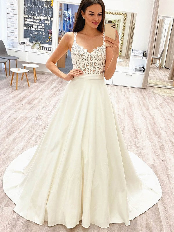 Chic V-Neck Lace Satin Spaghetti Straps Sleeveless Sweep Train Wedding Dresses