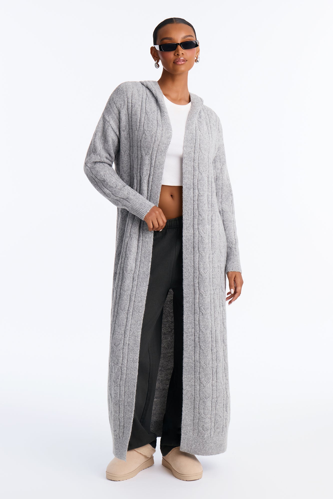 Chilly But Cute Hooded Long Cardigan - Heather Grey