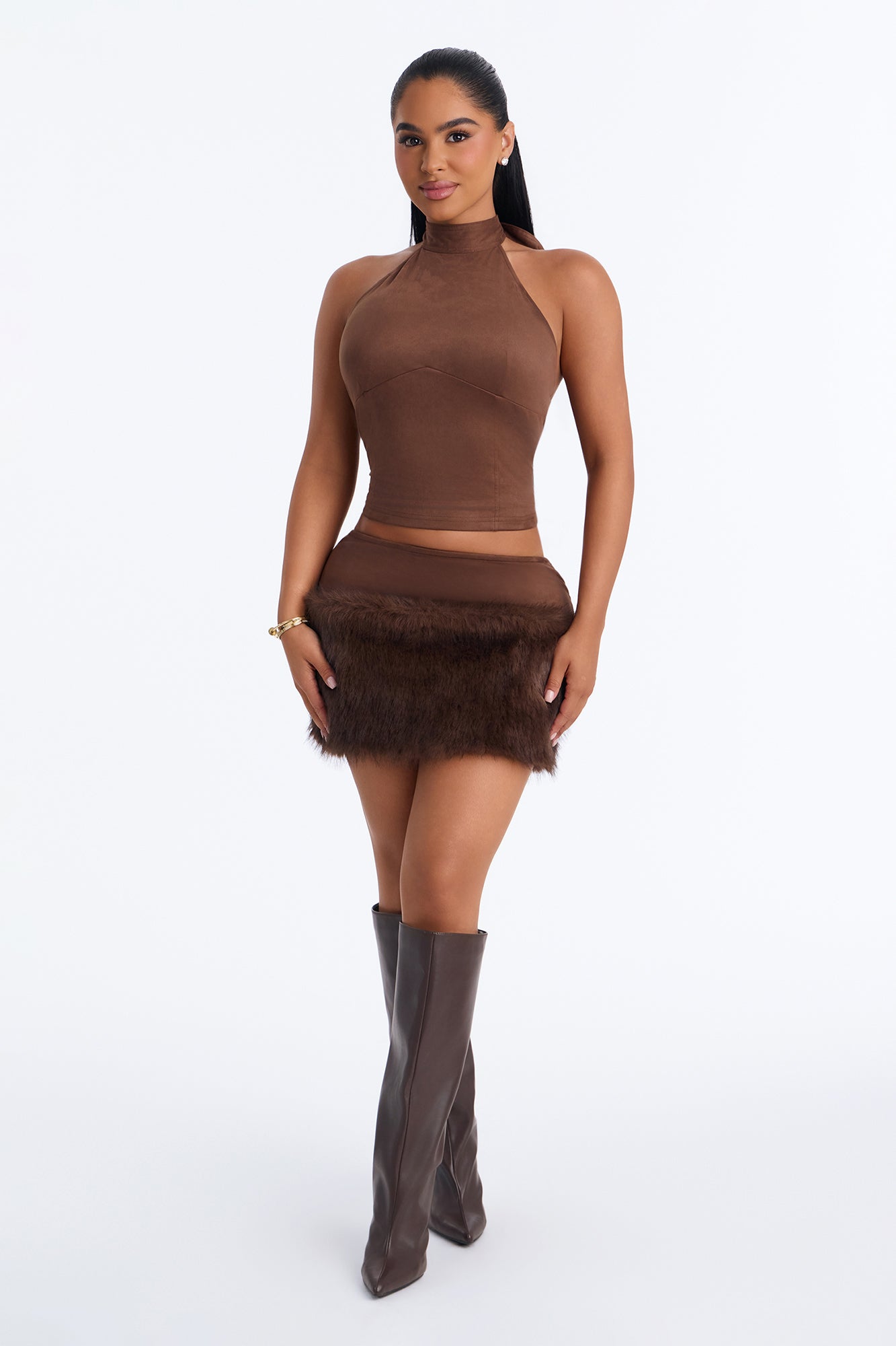 Frankie Fur Trim Mini Skirt Set - Brown