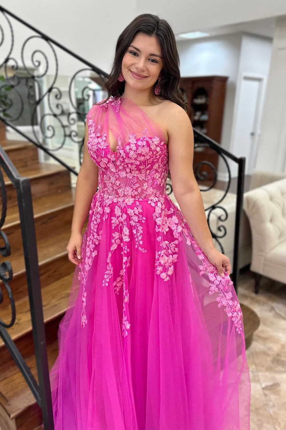 Long A Line Fuchsia Prom Dress in Tulle with One Shoulder and Appliques