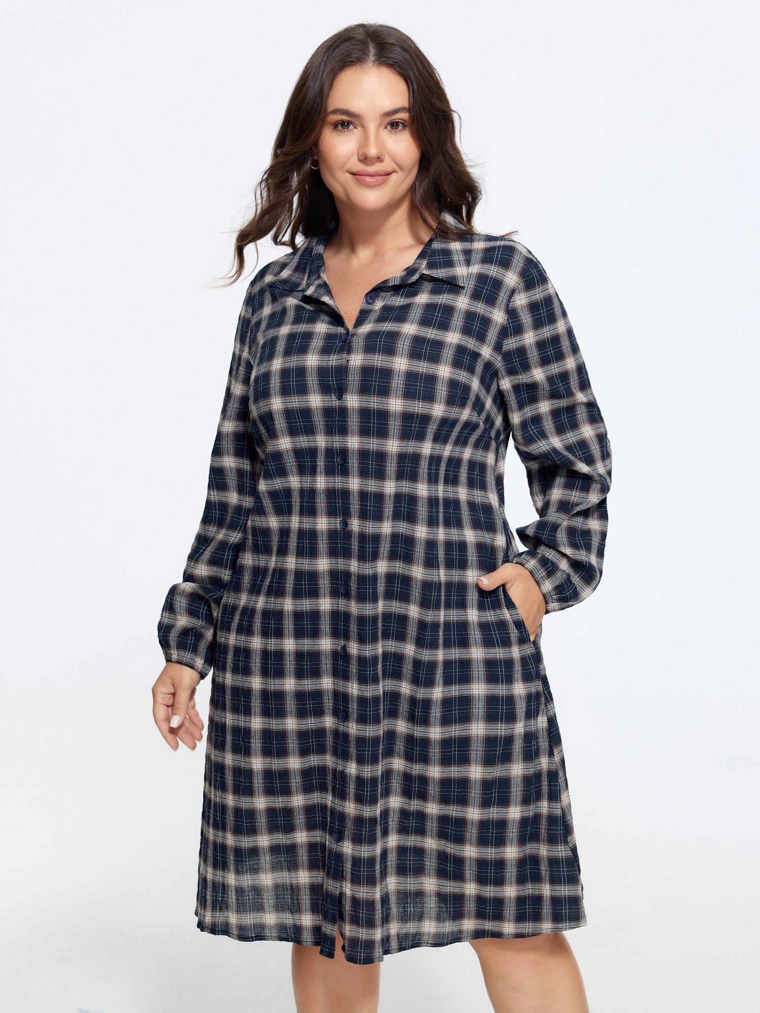 Cotton Plaid Print Lapel Collar Button Down Mini Dress