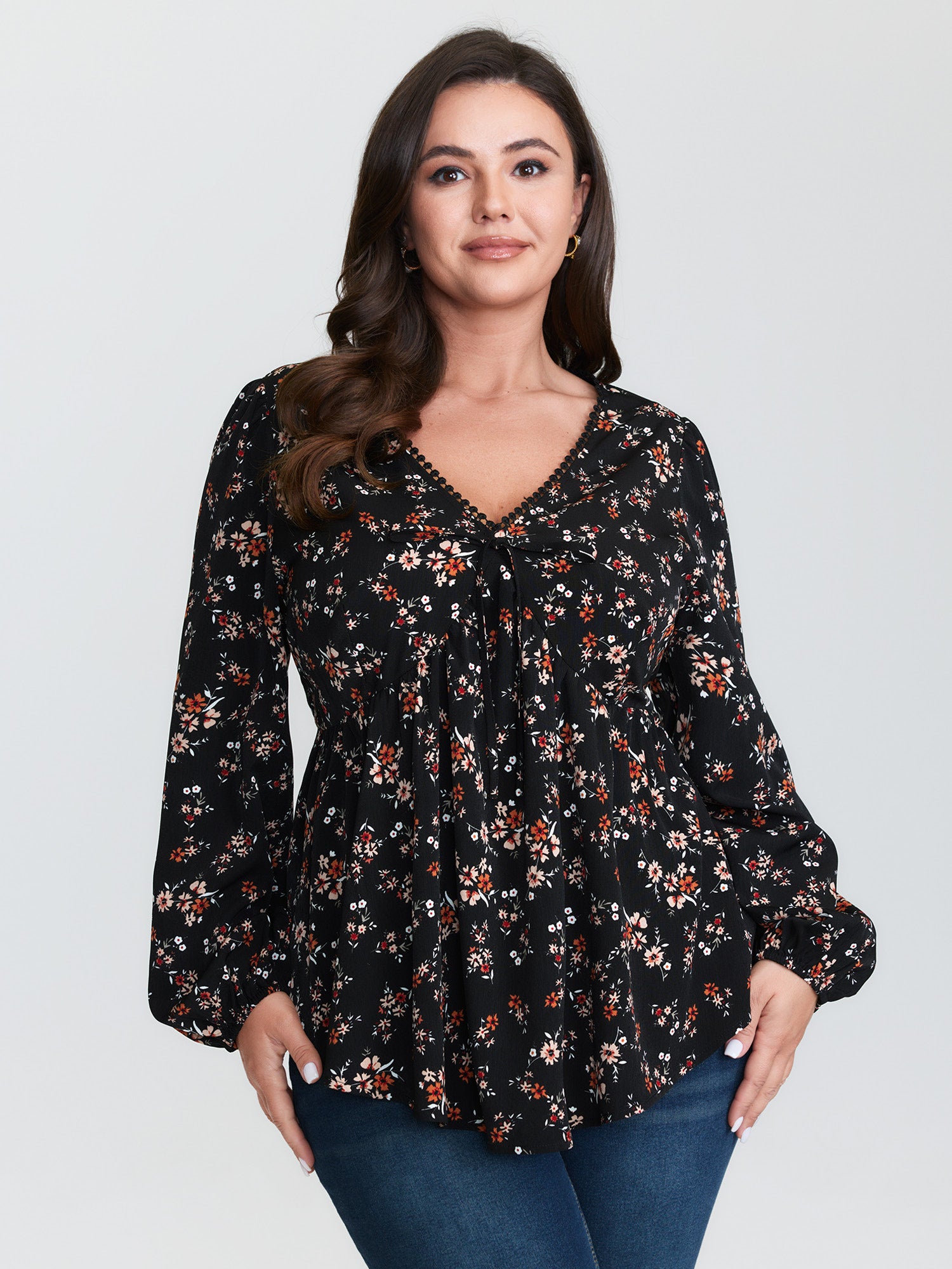 Floral Print Lace Cinched-Flared Blouse