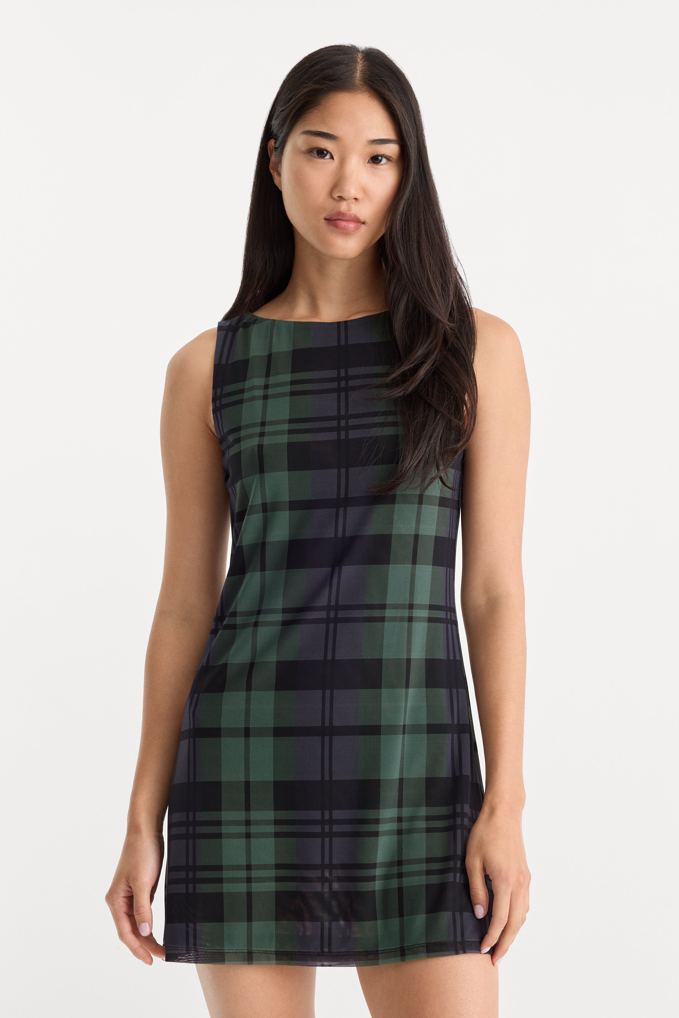 THE MESH MINI DRESS | NAVY AND GREEN PLAID