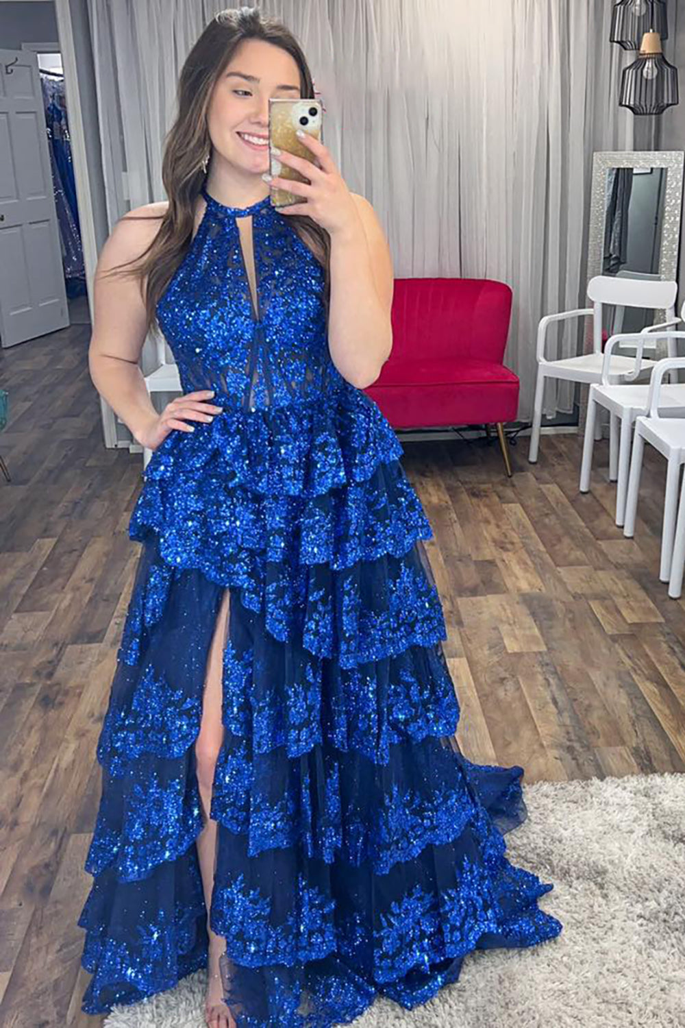 Long A-Line Royal Blue Sequined Prom Dress with Halter Neck Tiered Skirt and Slit
