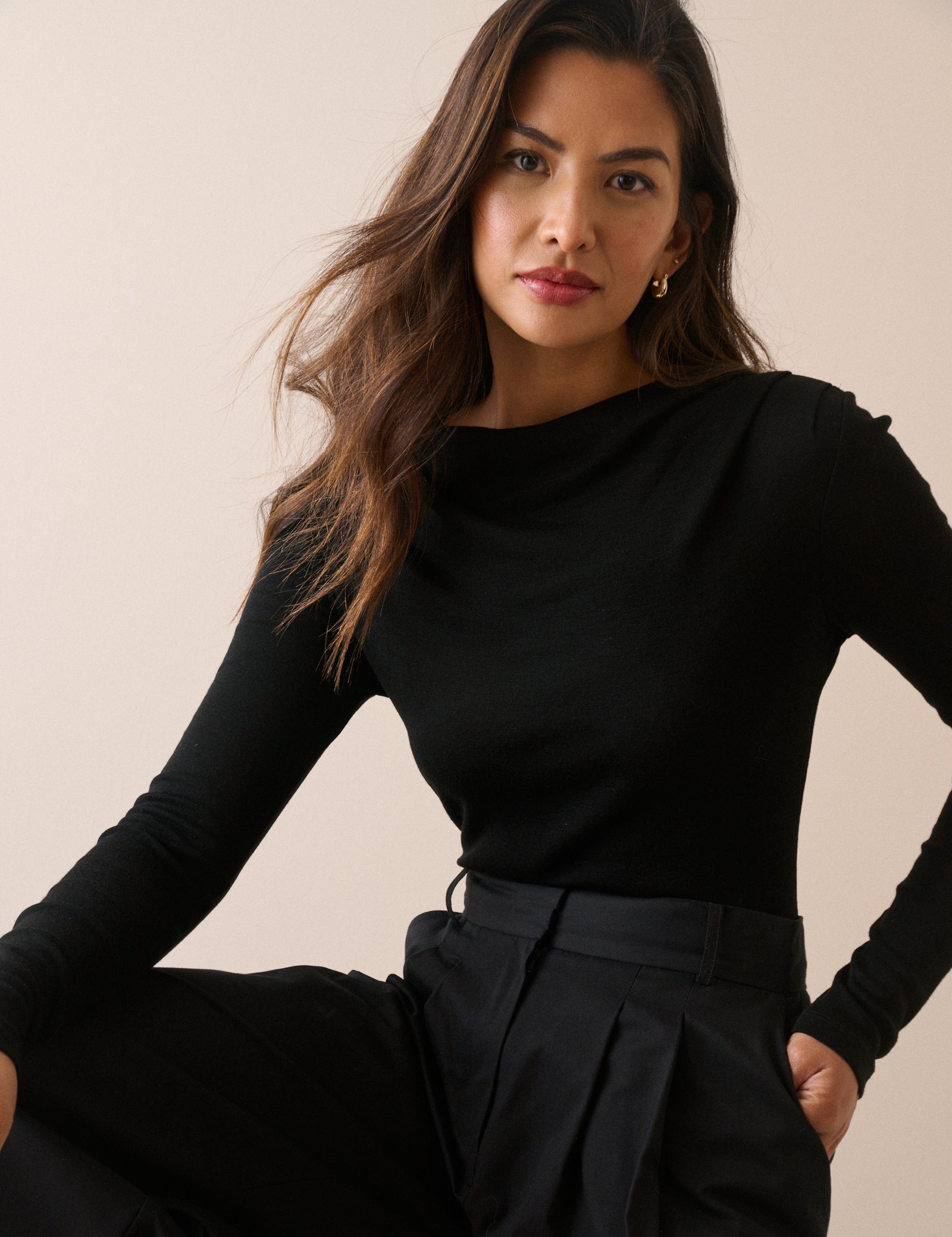 Black Merino Wool Draped Boat Neck Top