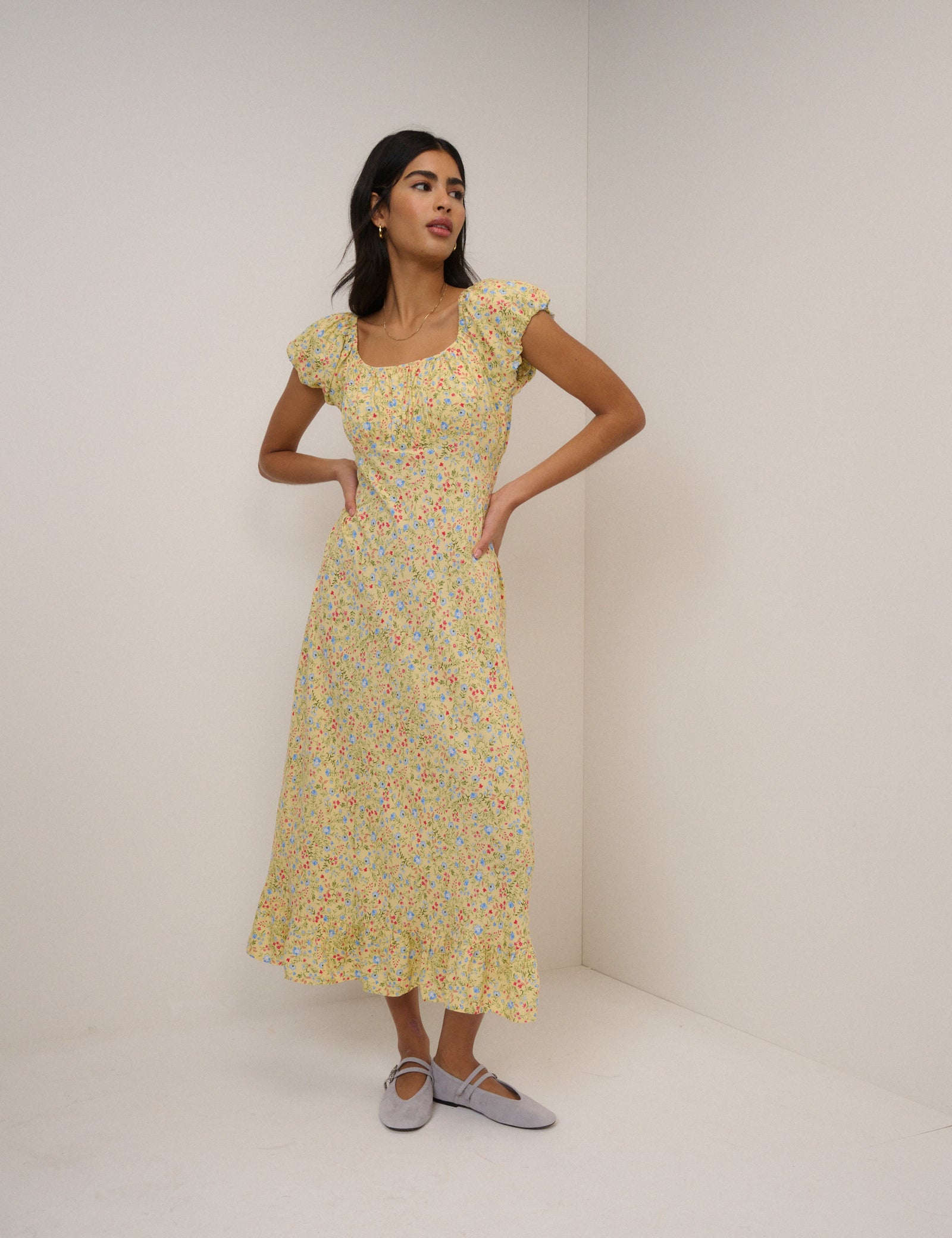 Butter Yellow Ditsy Floral Jemima Midi Dress