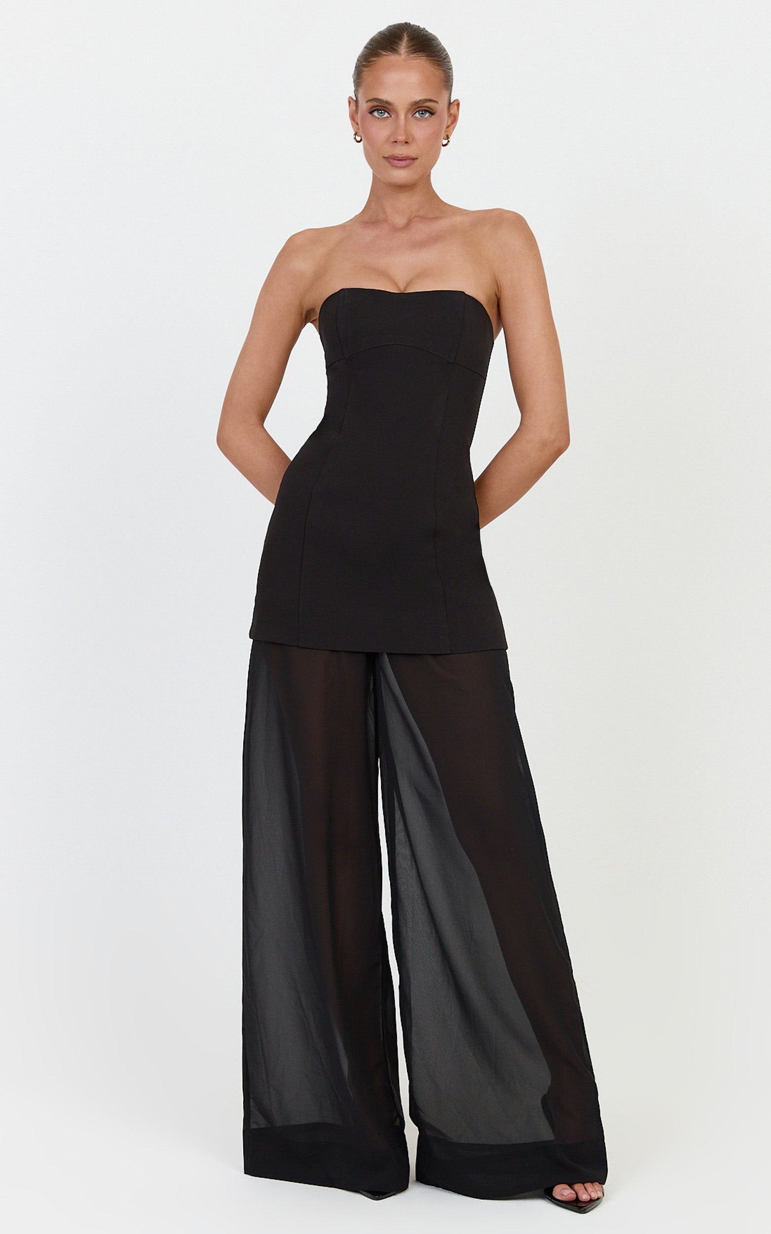 Colette Two Piece Set - Strapless Longline Top And Sheer Wide Legged Pant Set in Black