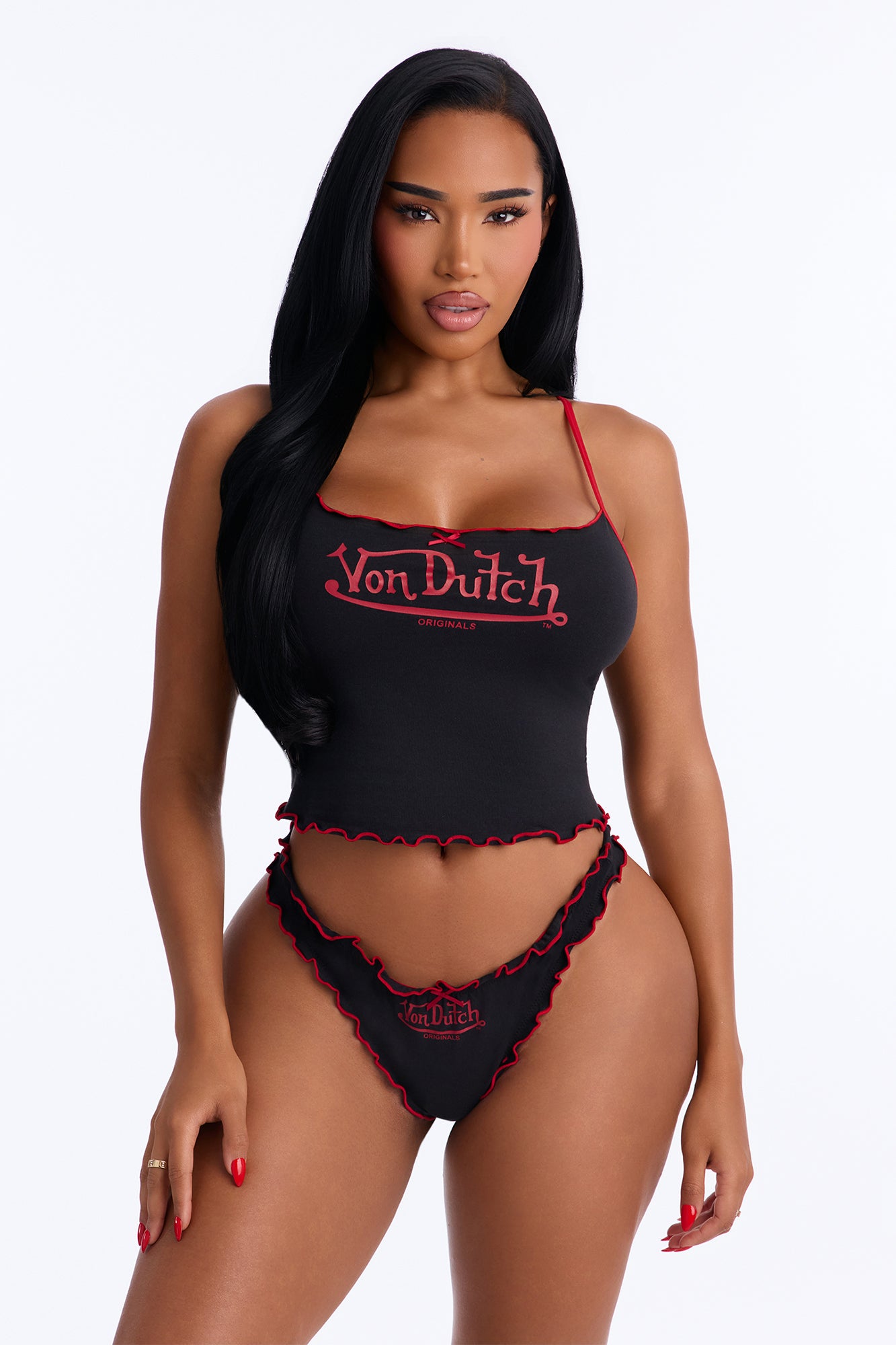 Von Dutch Lacy Trim Lettuce Edge Cami 2 Piece Set - Black/Red