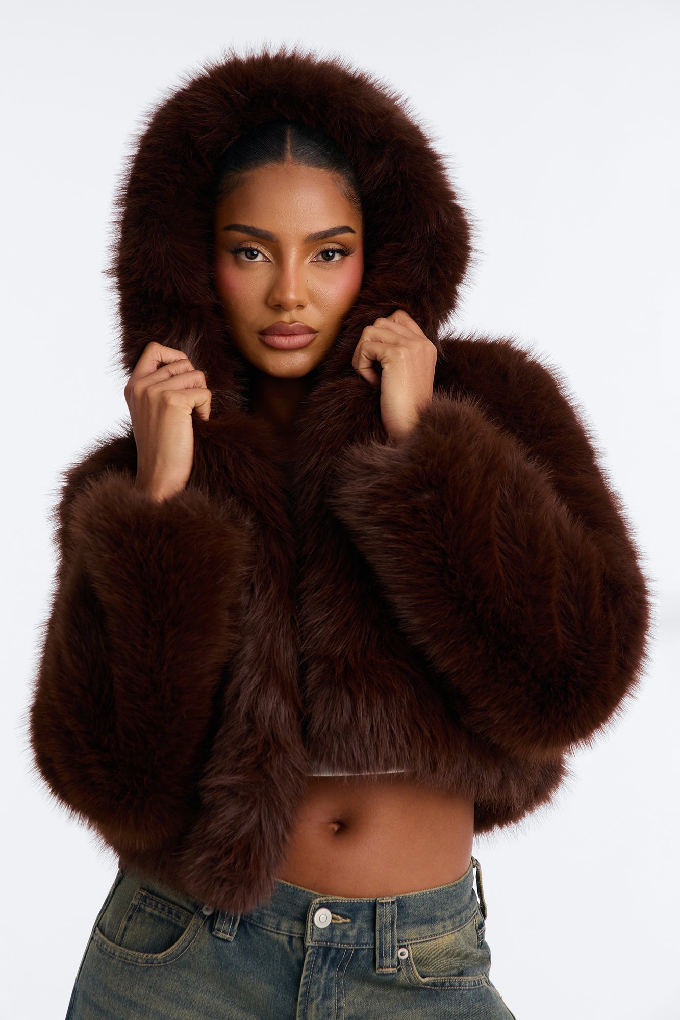 Soft Love Faux Fur Cropped Coat - Chocolate/Combo