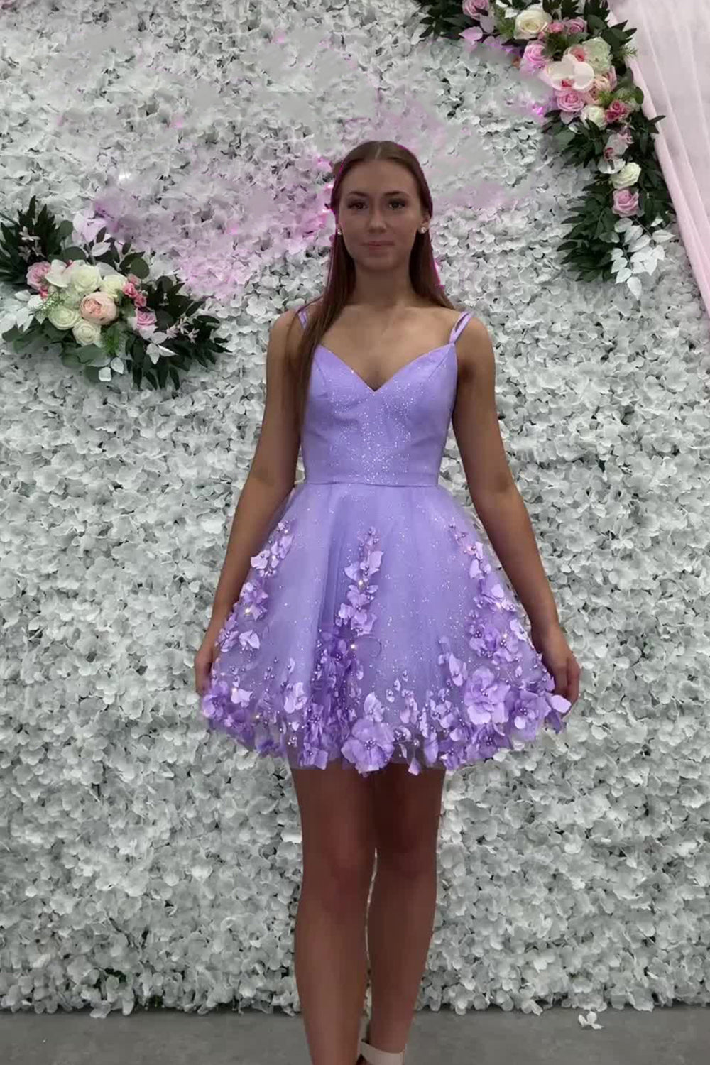 Lavender Floral Spaghetti Straps A-Line Short Homecoming Dress/Mini Dress