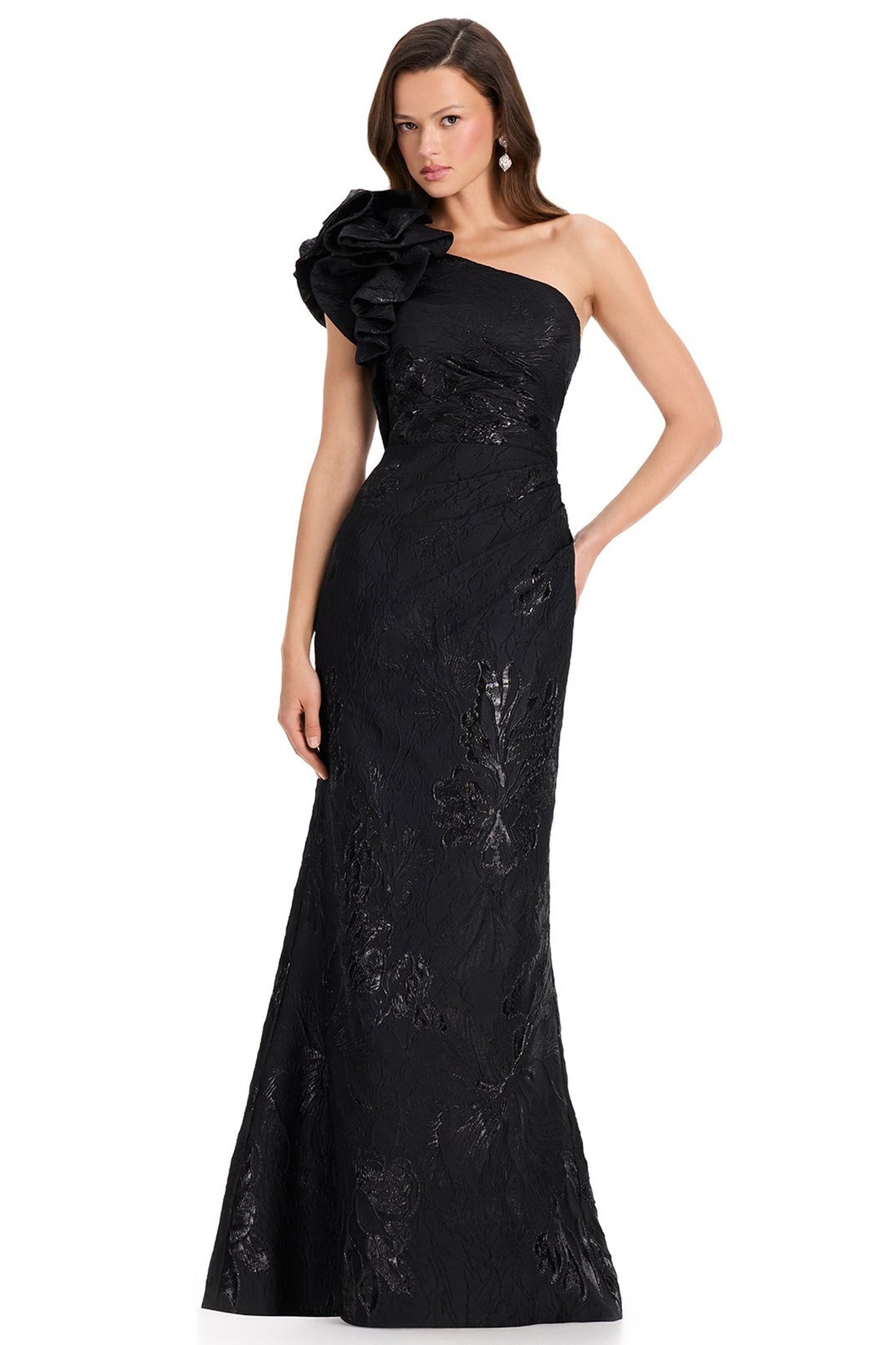 Ashley Lauren E12366 Floral Brocade One Shoulder Prom Gown